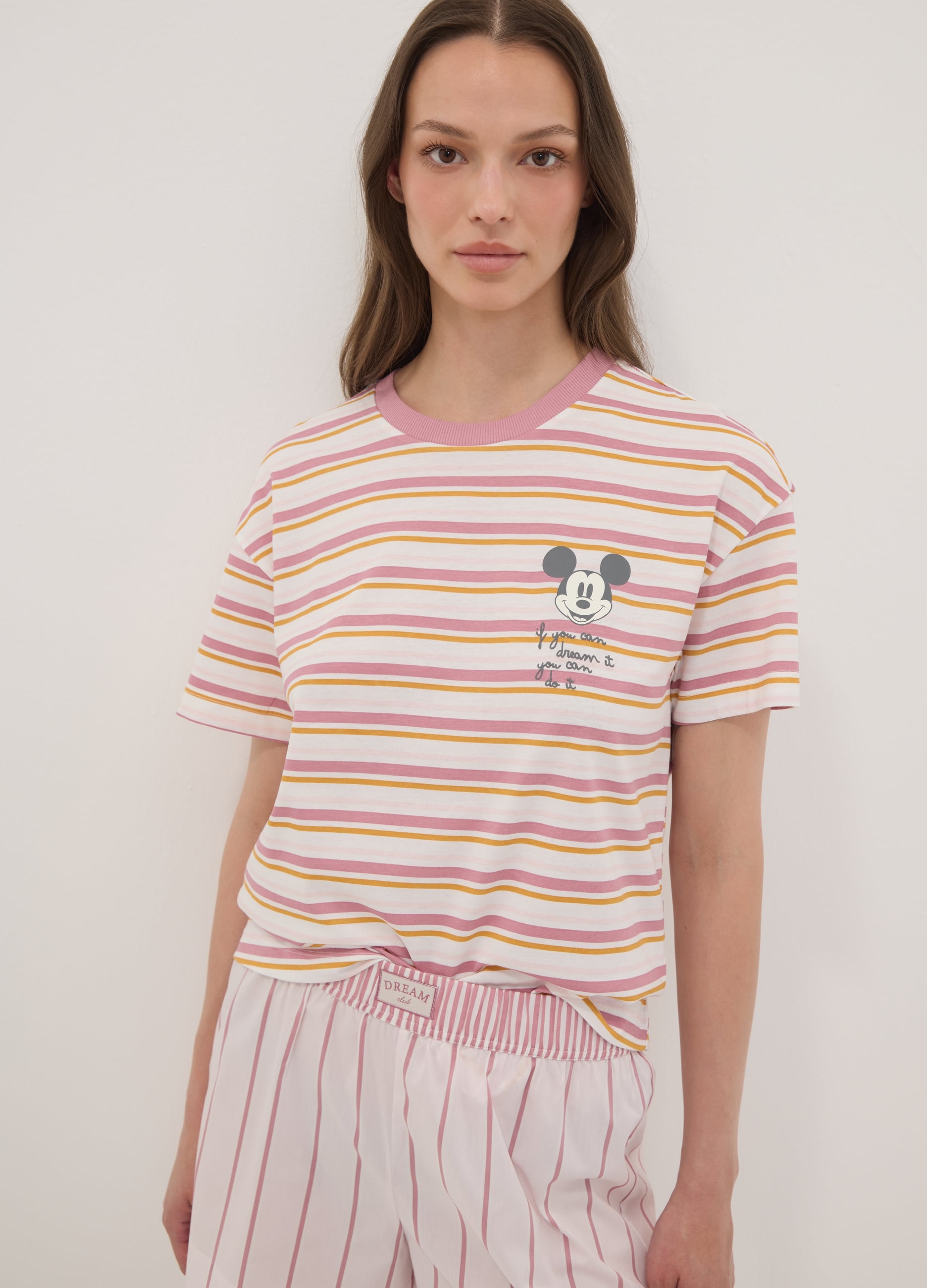 DISNEY, T-shirt Pigiama Bianca A Righe In Puro Cotone Organico Con Stampa Mickey Mouse, Donna, Bianco, Taglia: M