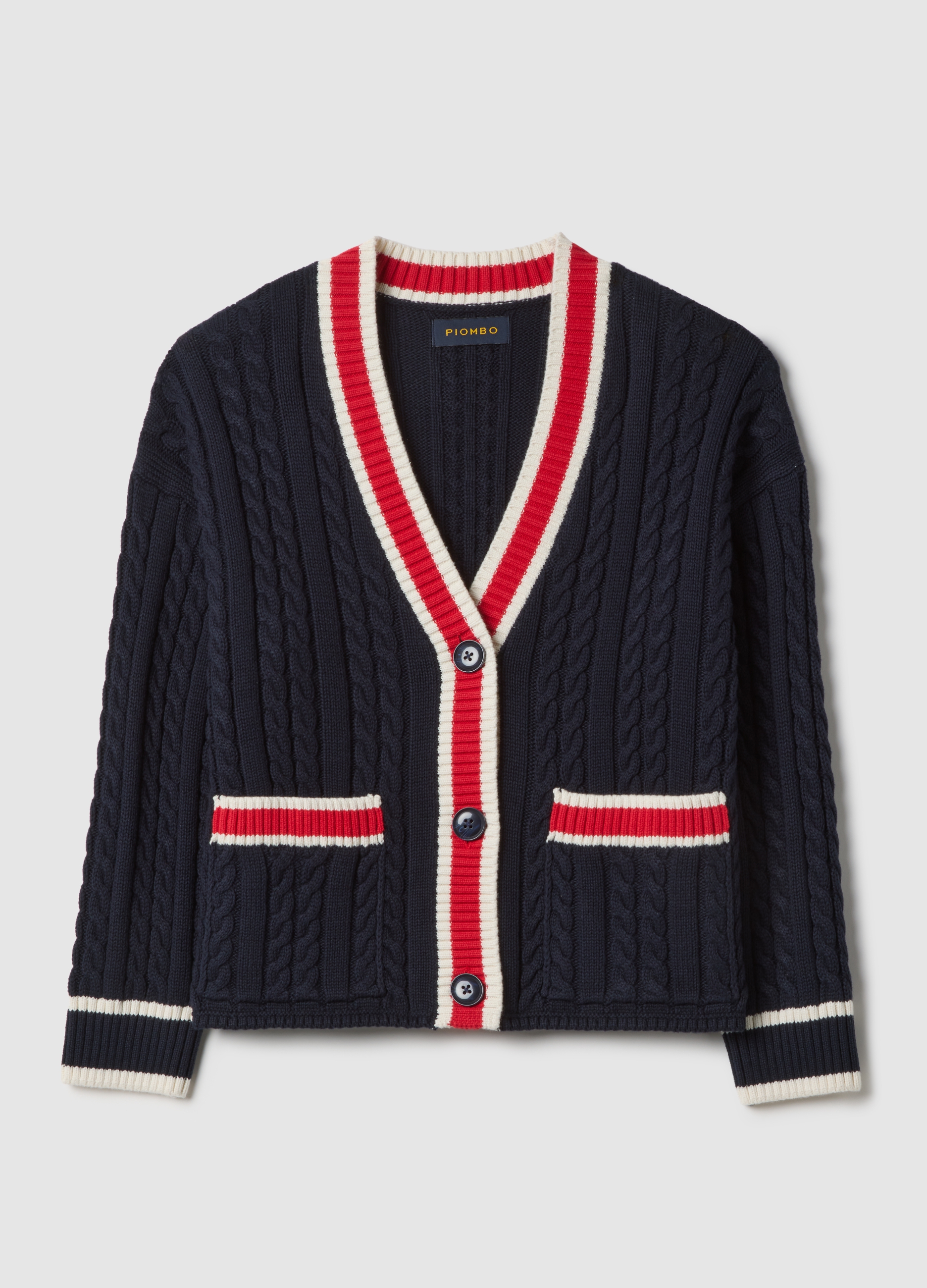 PIOMBO, Cardigan Multicolor De Algodón Puro Oversize Con Escote Profundo En V, Mujer, Blanco/azul/rojo, Talla: 40