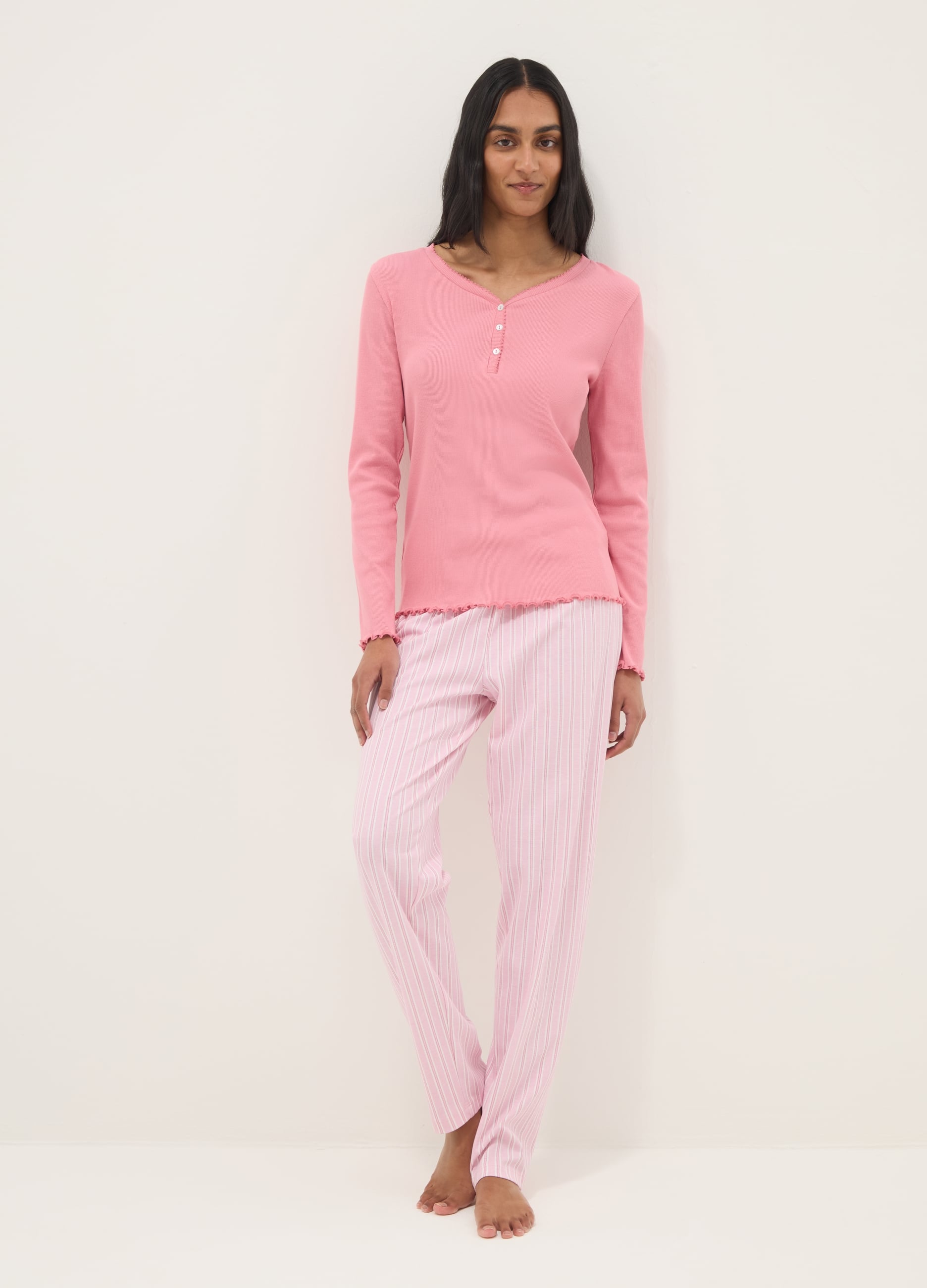 Ovs Mujer Malva Pantalones De Pijama De Algodón Puro A Rayas Rosas De Ajuste Regular, Talla: S