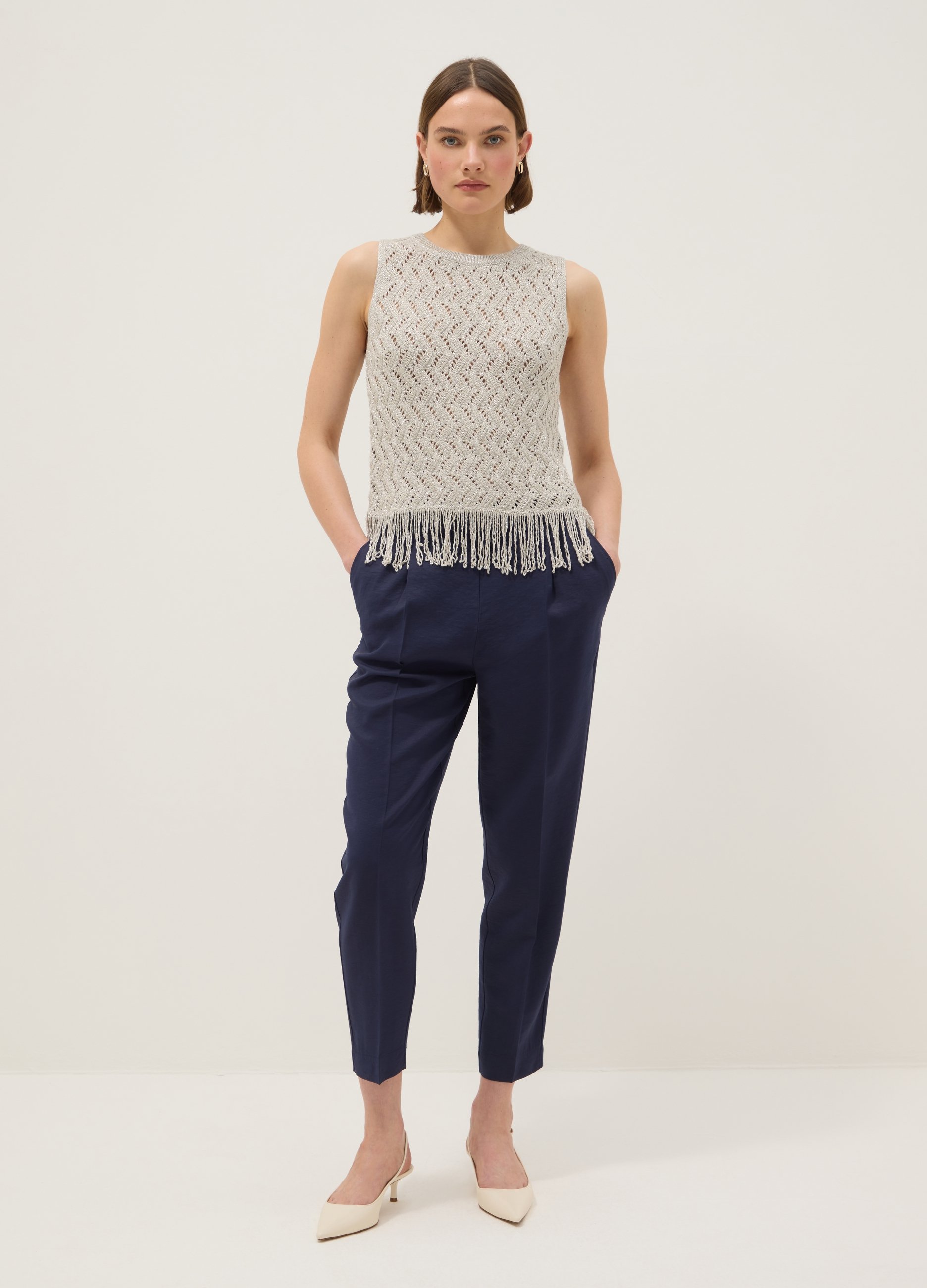 Pantalones Azul De Corte Regular En Mezcla De Viscosa, Mujer, Azul marino, Talla: 38