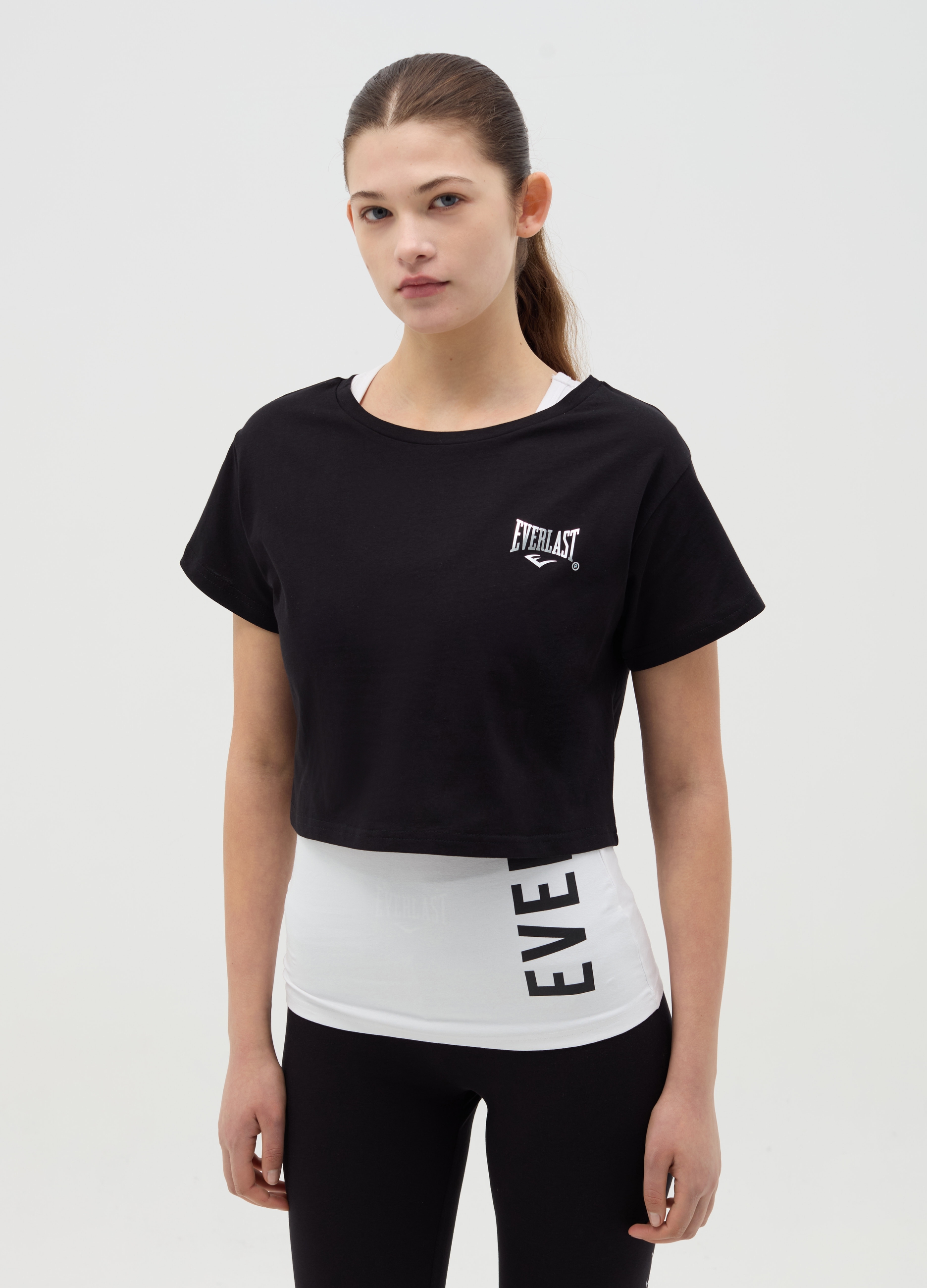 J EVERLAST DONNA, T-shirt Crop Effetto Doppio Con Stampa, Donna, Multicolor, Taglia: S