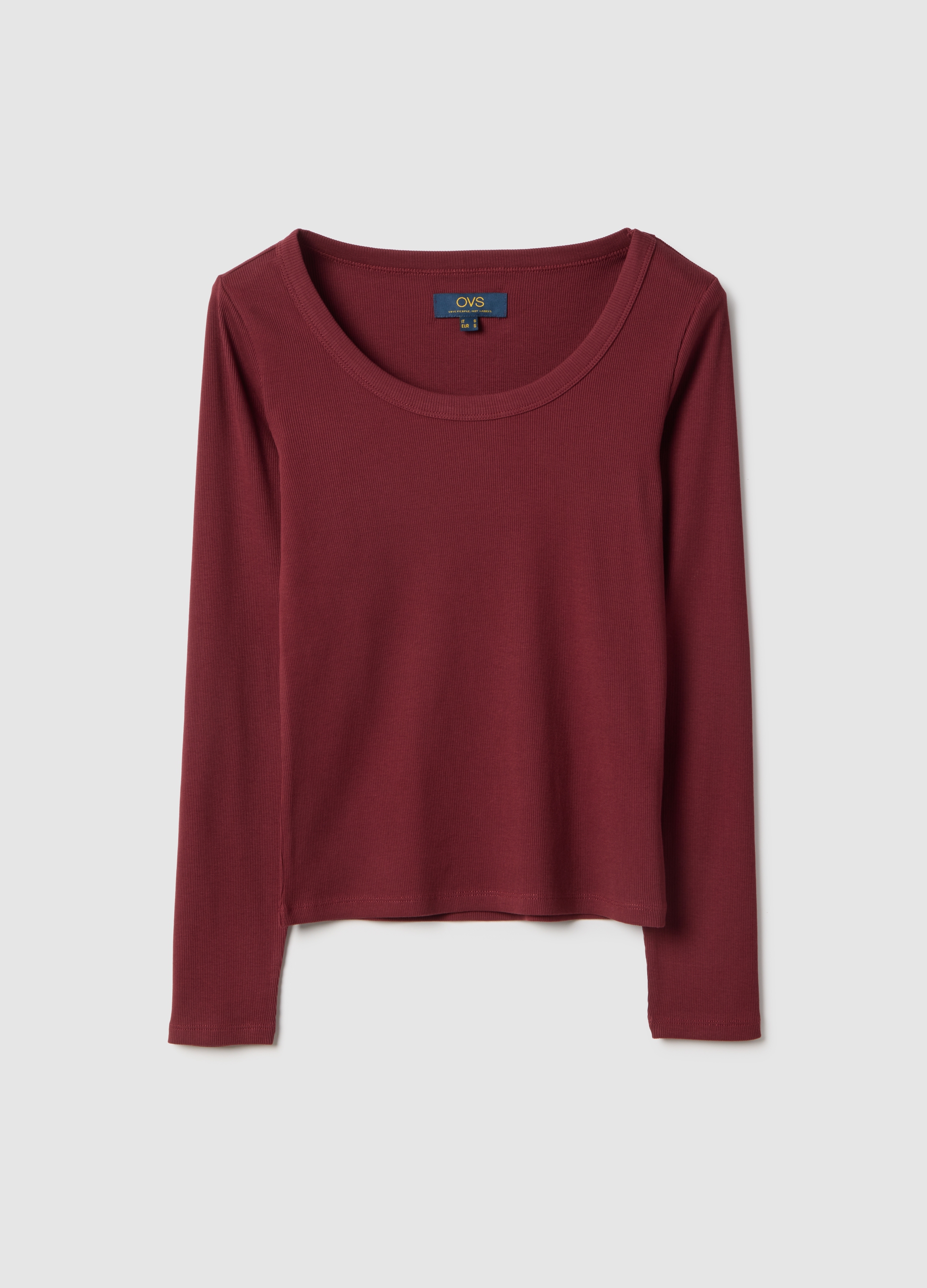 Camiseta Roja De Manga Larga En Algodón Puro Con Ajuste Regular, Mujer, Rojo Oscuro, Talla: XXL