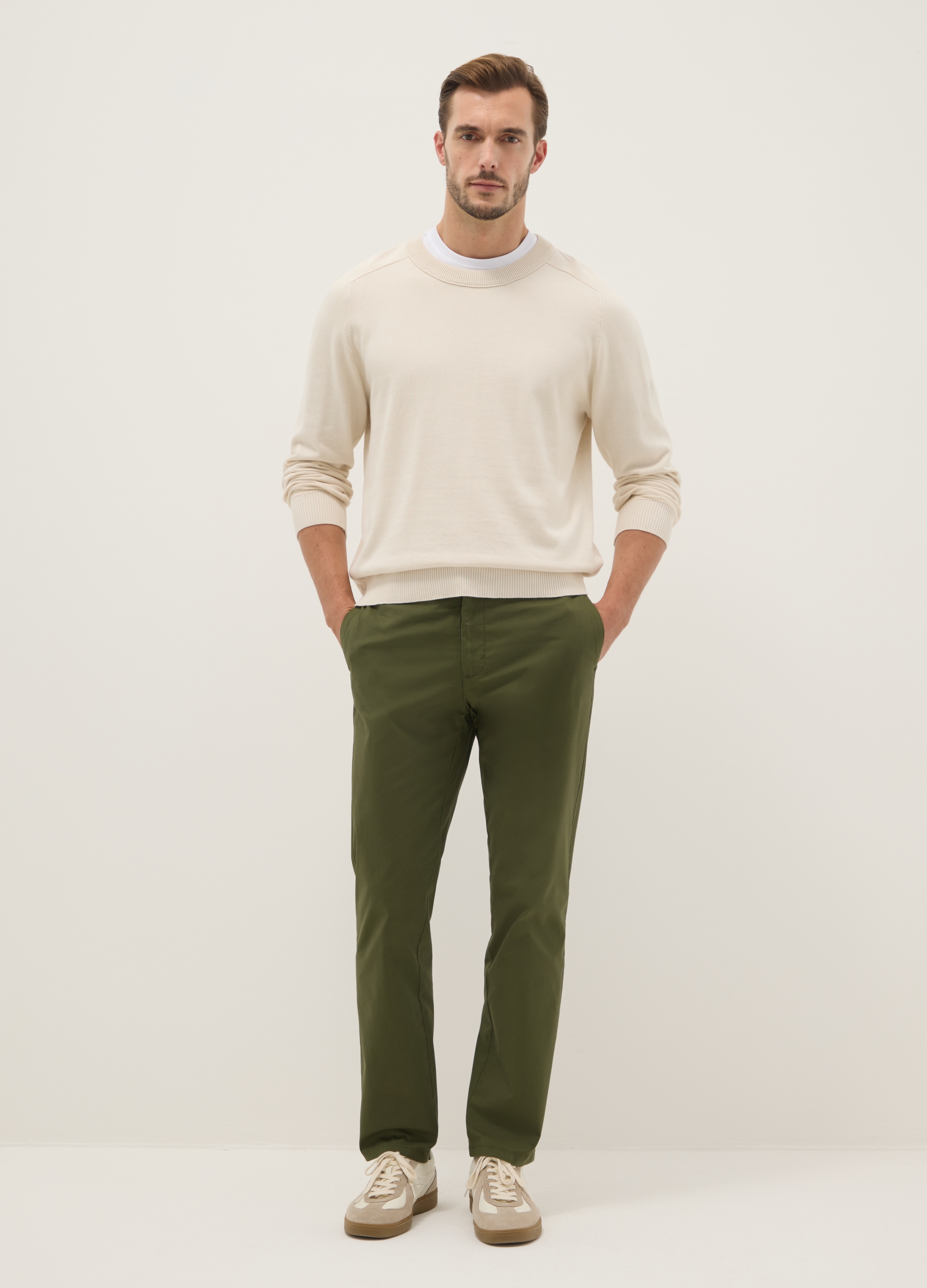 Pantaloni Chino In Cotone Elasticizzato Verde Regular Fit, Hombre, Verde militar, Talla: 50