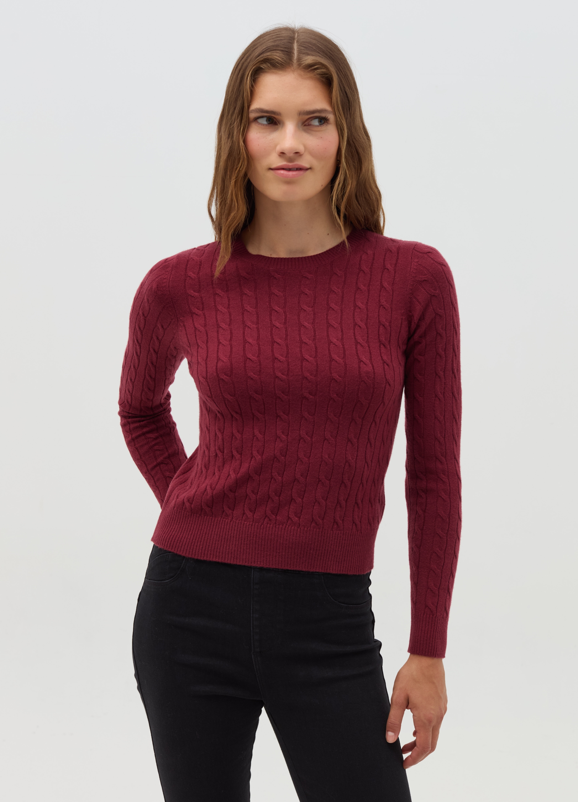 Jersey De Punto Trenzado, Mujer, Púrpura Vino, Talla: 34