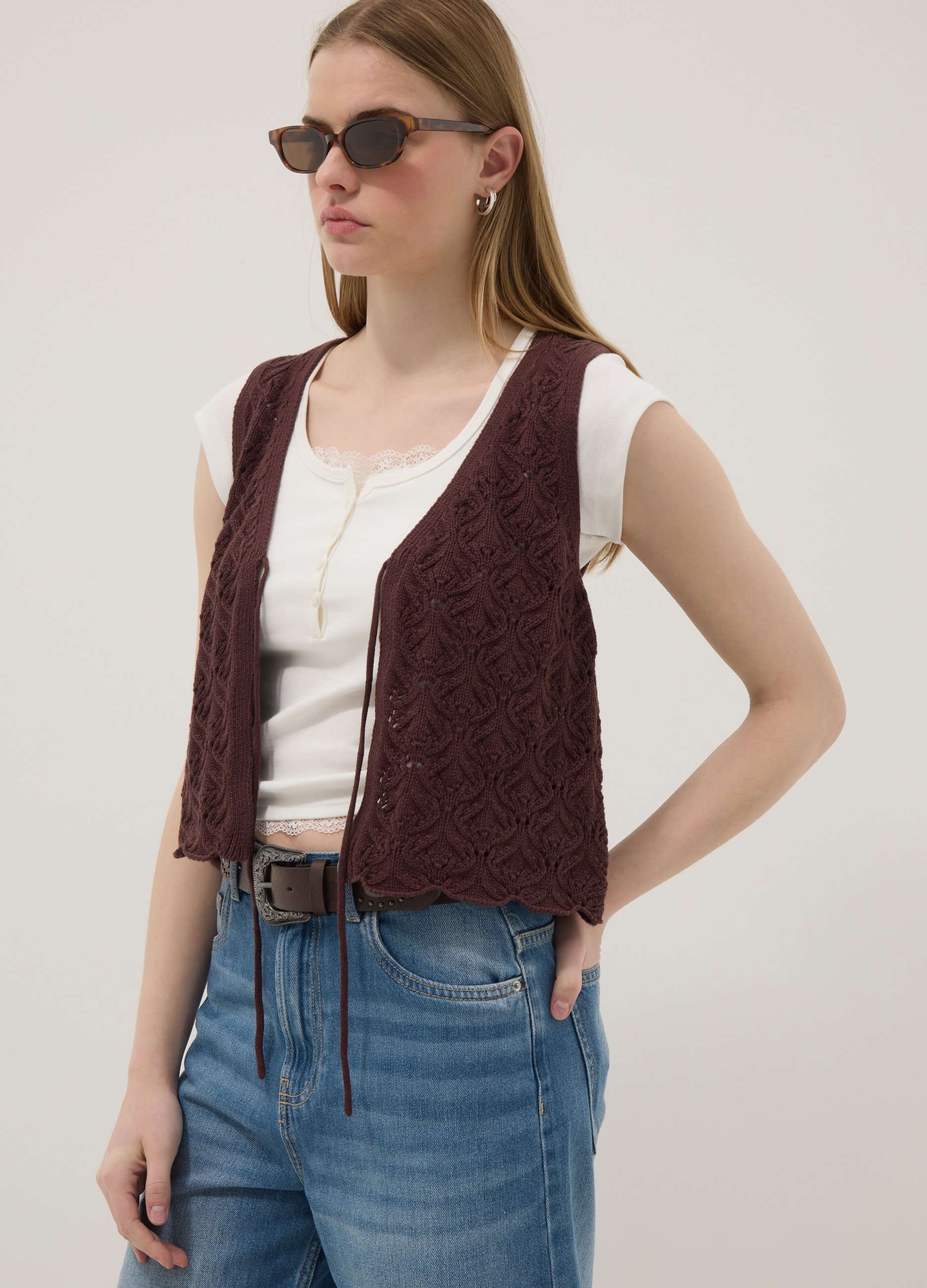 B.ANGEL, Chaleco Marrón De Algodón Puro, Corte Regular, Con Cierre De Lazadas Y Escote En V Profundo, Mujer, Marrón oscuro, Talla: 34