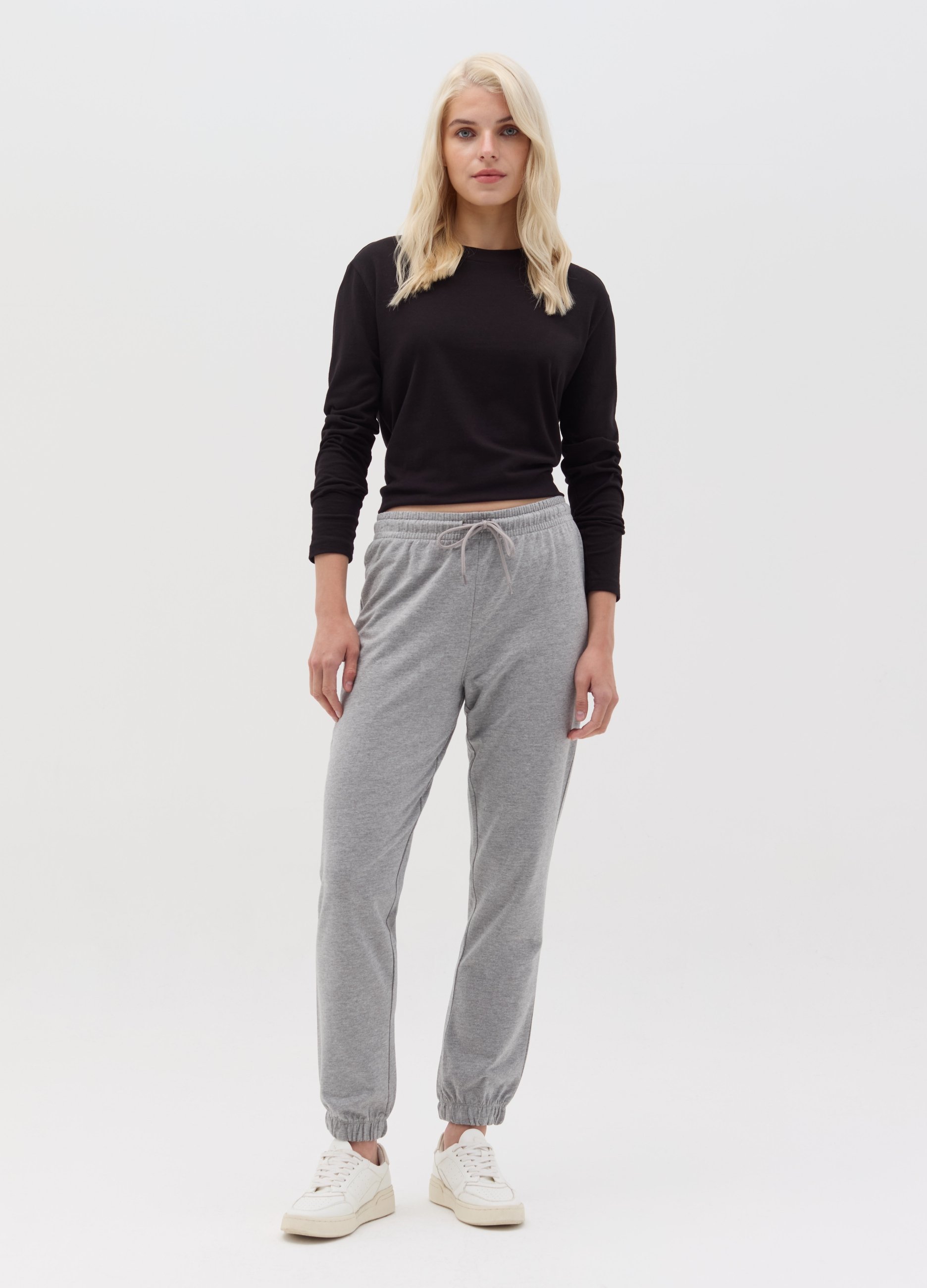 Joggers De Felpa Con Cordón, Mujer, Gris jaspeado, Talla: 40