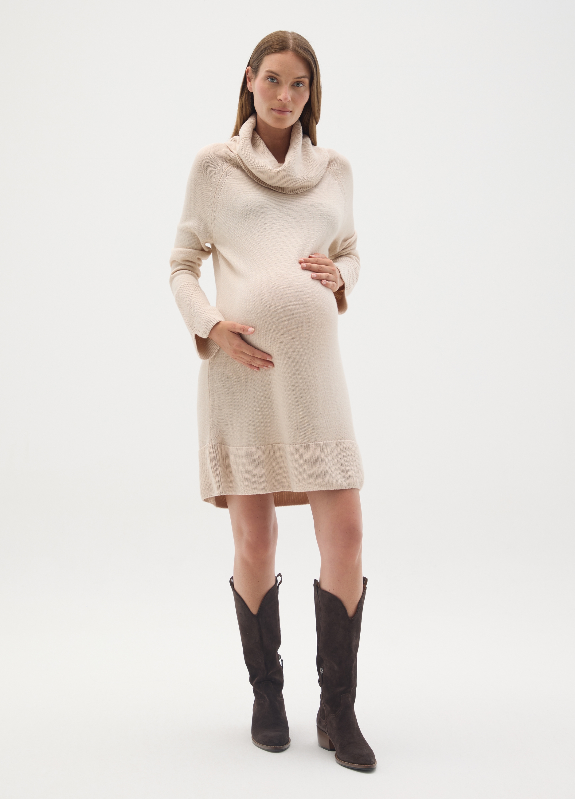 NICOL CARAMEL, Vestito Beige Premaman Con Collo Alto, Donna, Beige, Taglia: S