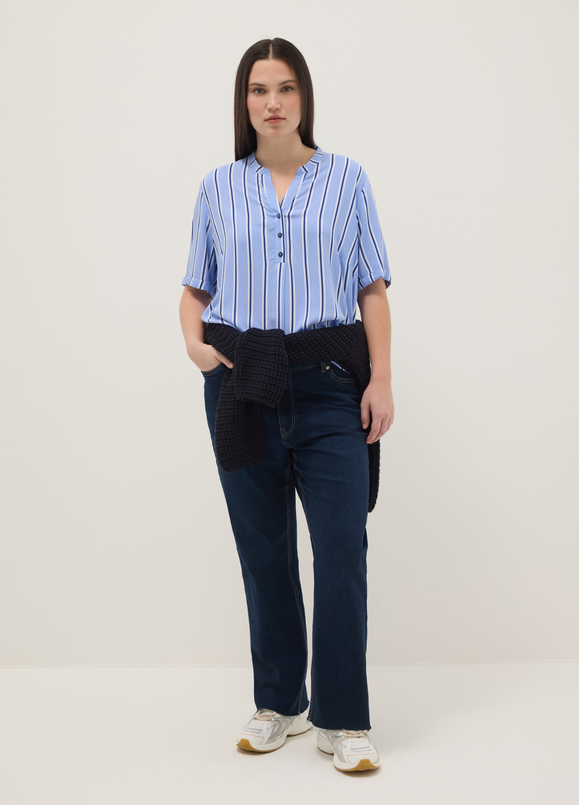 Camisa De Pura Viscosa A Rayas Multicolor, Ajuste Regular Con Botones, Mujer, Blanco/azul claro, Talla: XL