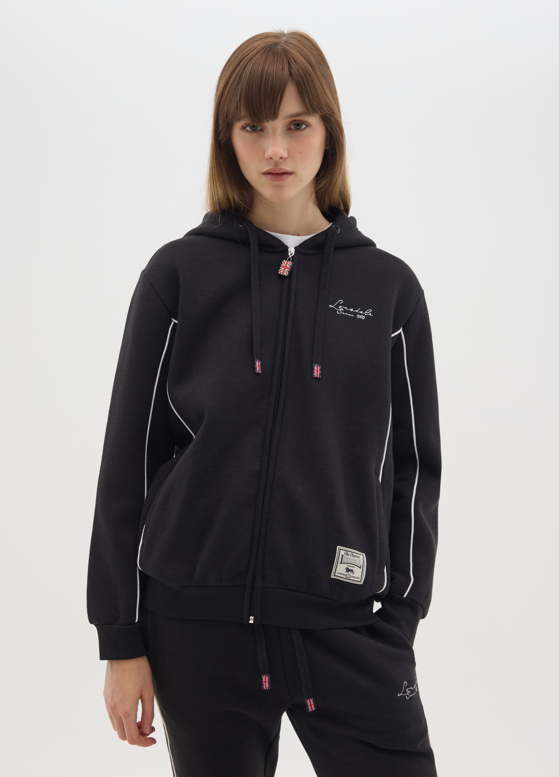 LONSDALE, Felpa Con Cappuccio In Misto Cotone Nera Con Zip, Donna, Nero, Taglia: XS