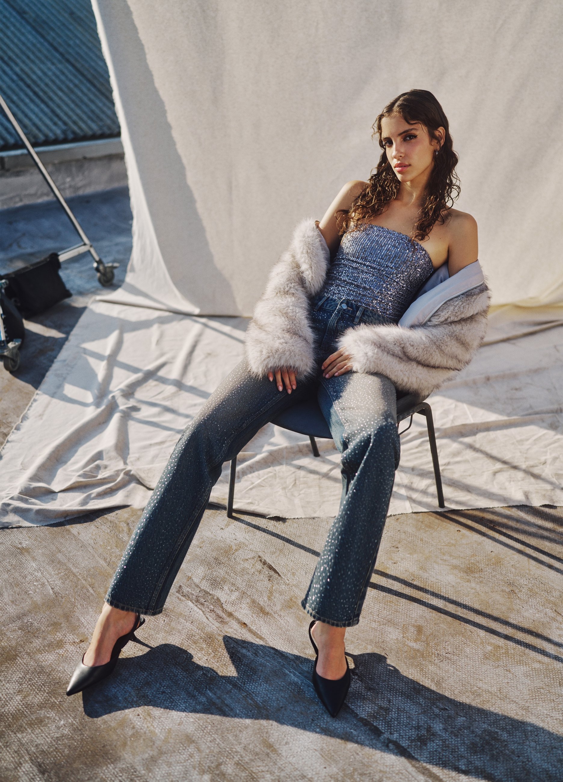 B.ANGEL, Jeans Blu Baggy In Puro Cotone Con Dettagli Glitterati, Donna, Denim, Taglia: 36