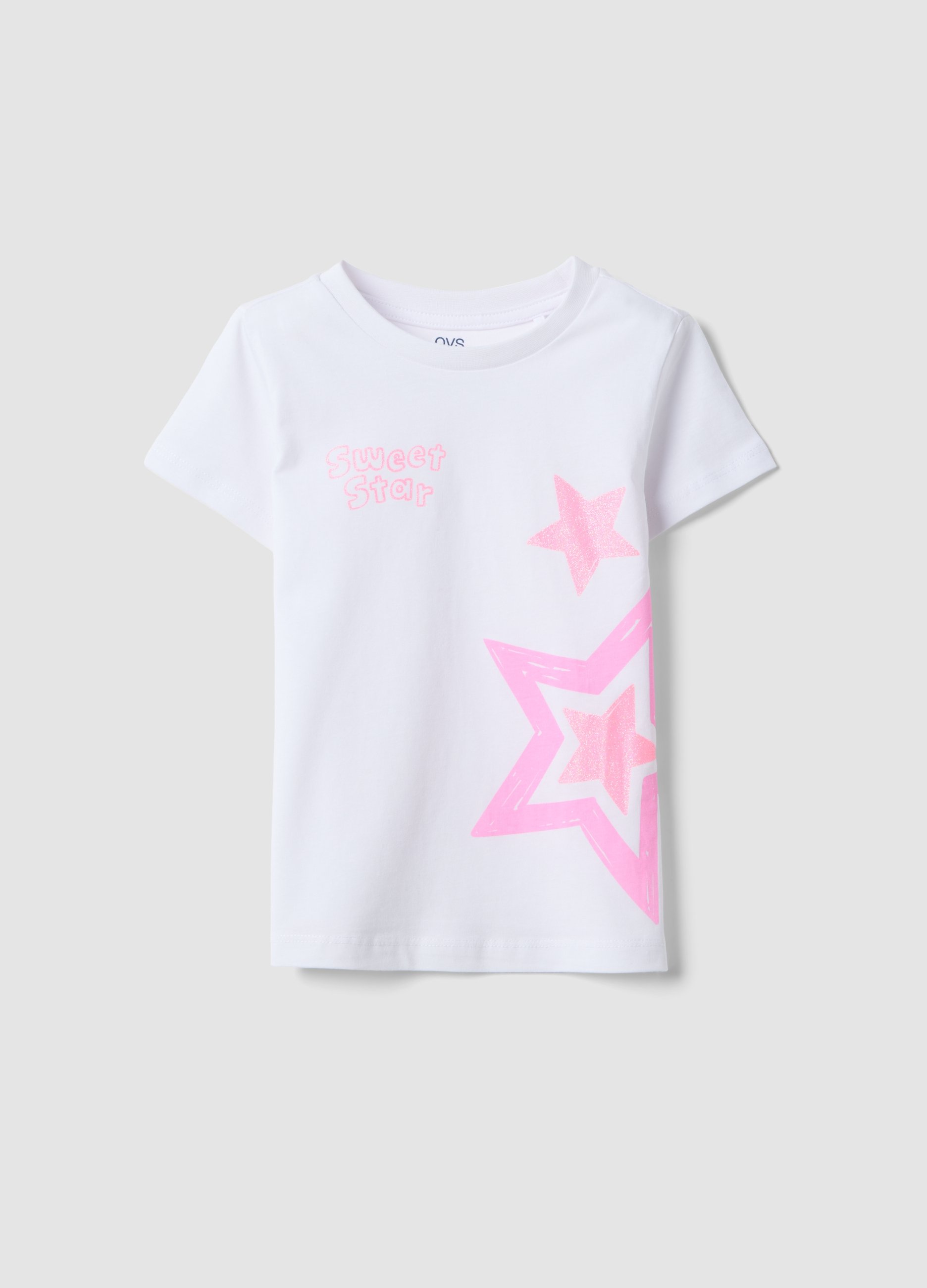 OVS KIDS, Camiseta Blanca De Niña En Algodón Puro, Ajuste Regular Con Estrellas, Niña, Blanco, Talla: 3-4