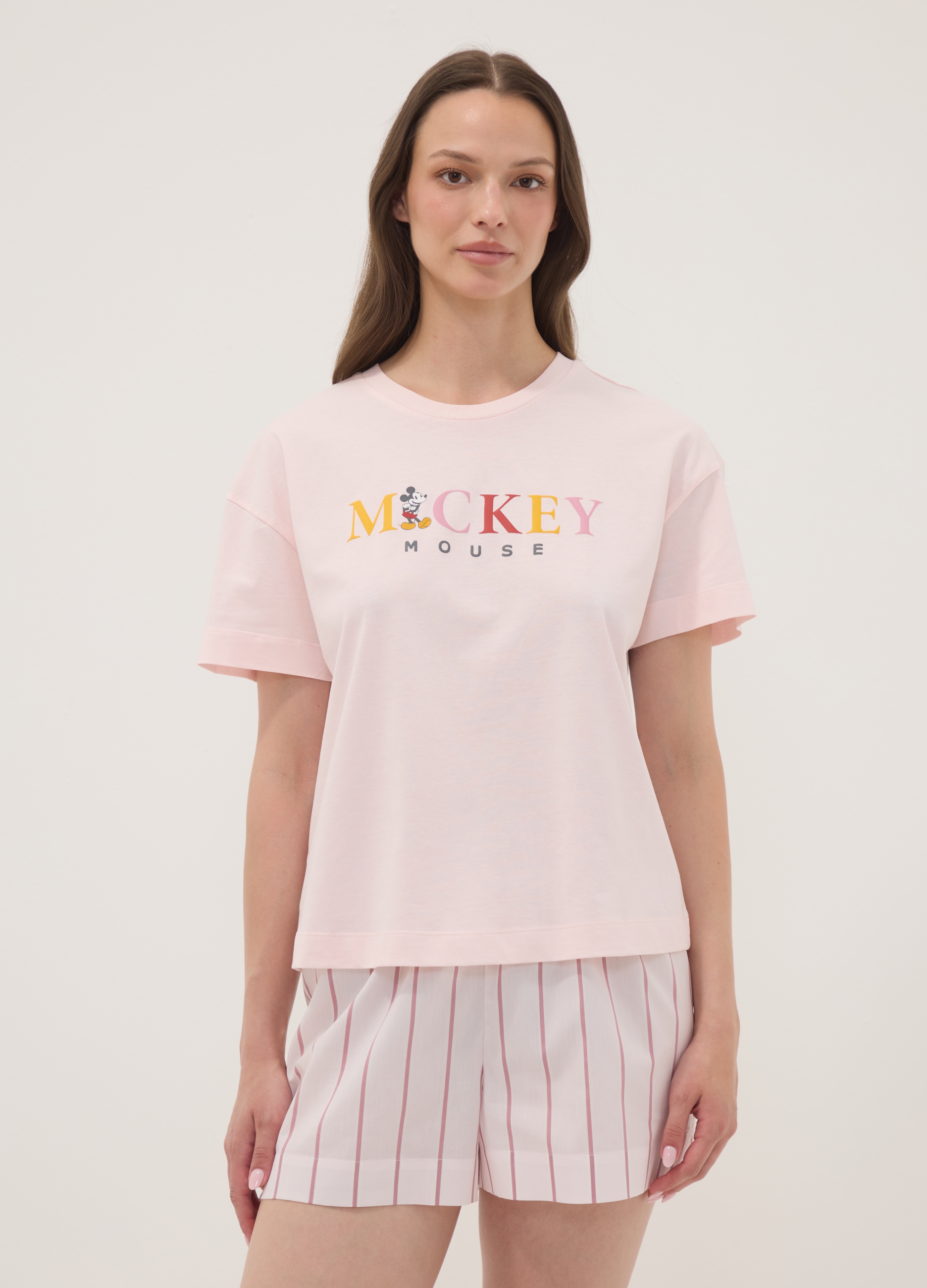 DISNEY, T-shirt Pigiama Rosa In Puro Cotone Organico Con Scritta Mickey Mouse, Donna, Rosa, Taglia: M