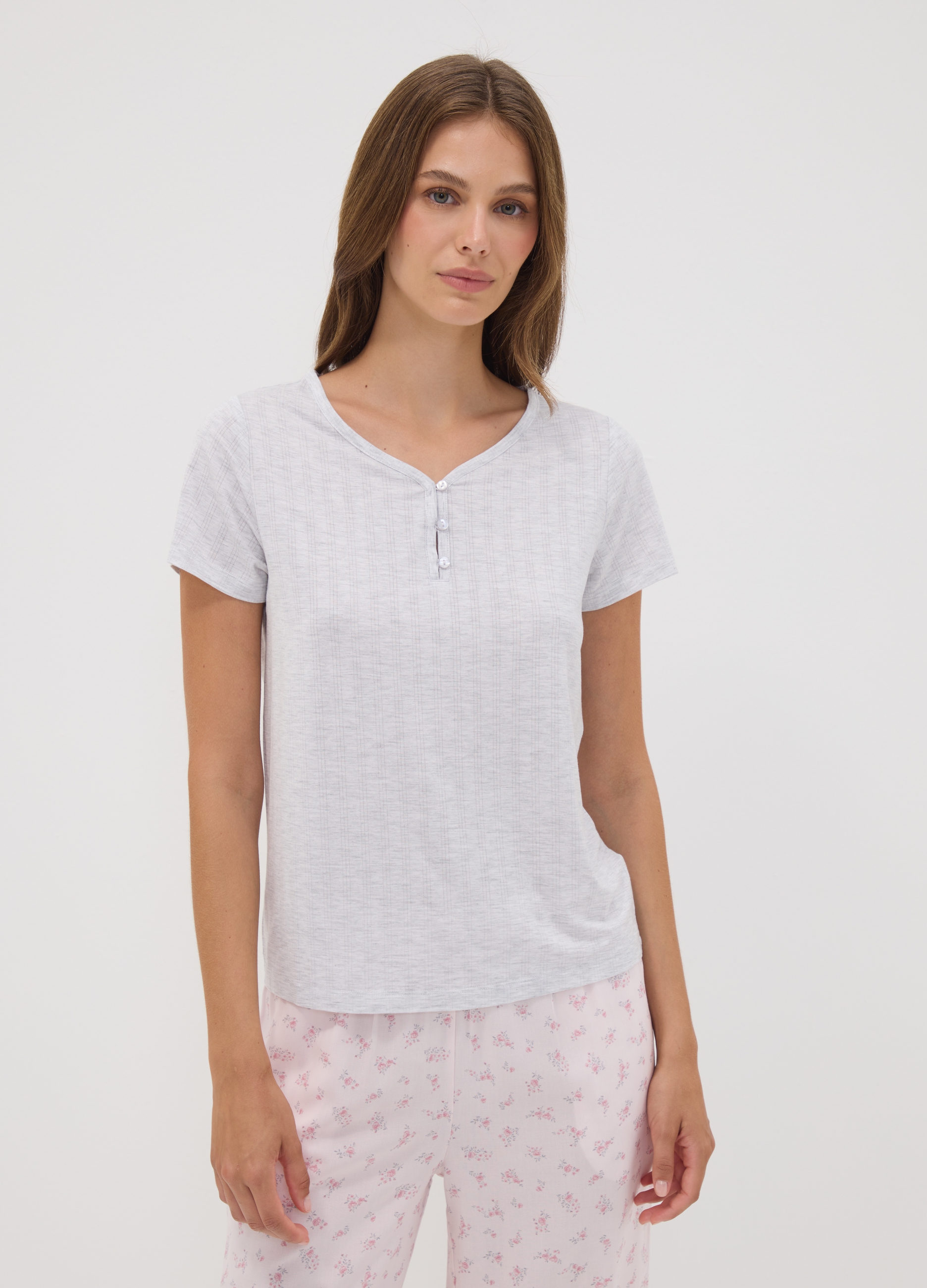 OVS, T-shirt Pigiama Grigia In Viscosa Elasticizzata Con Scollo A V, Donna, Grigio, Taglia: XXL