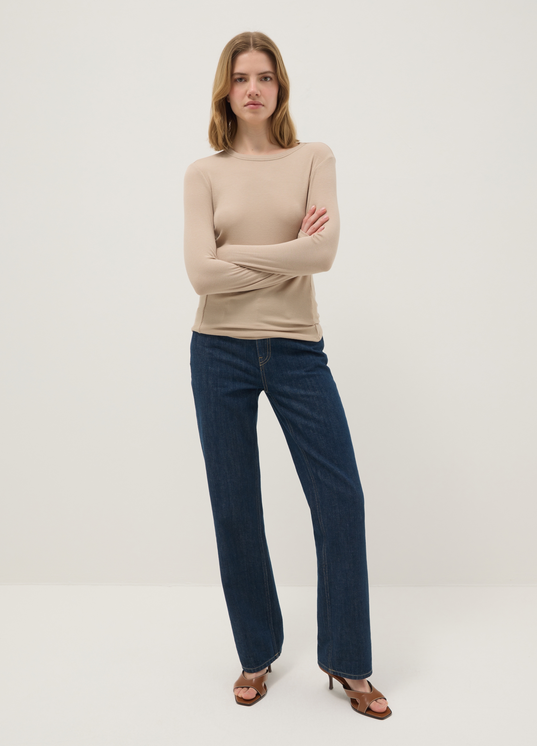 Camiseta Beige De Modal Elástico Corte Regular, Mujer, Beige Oscuro, Talla: 34