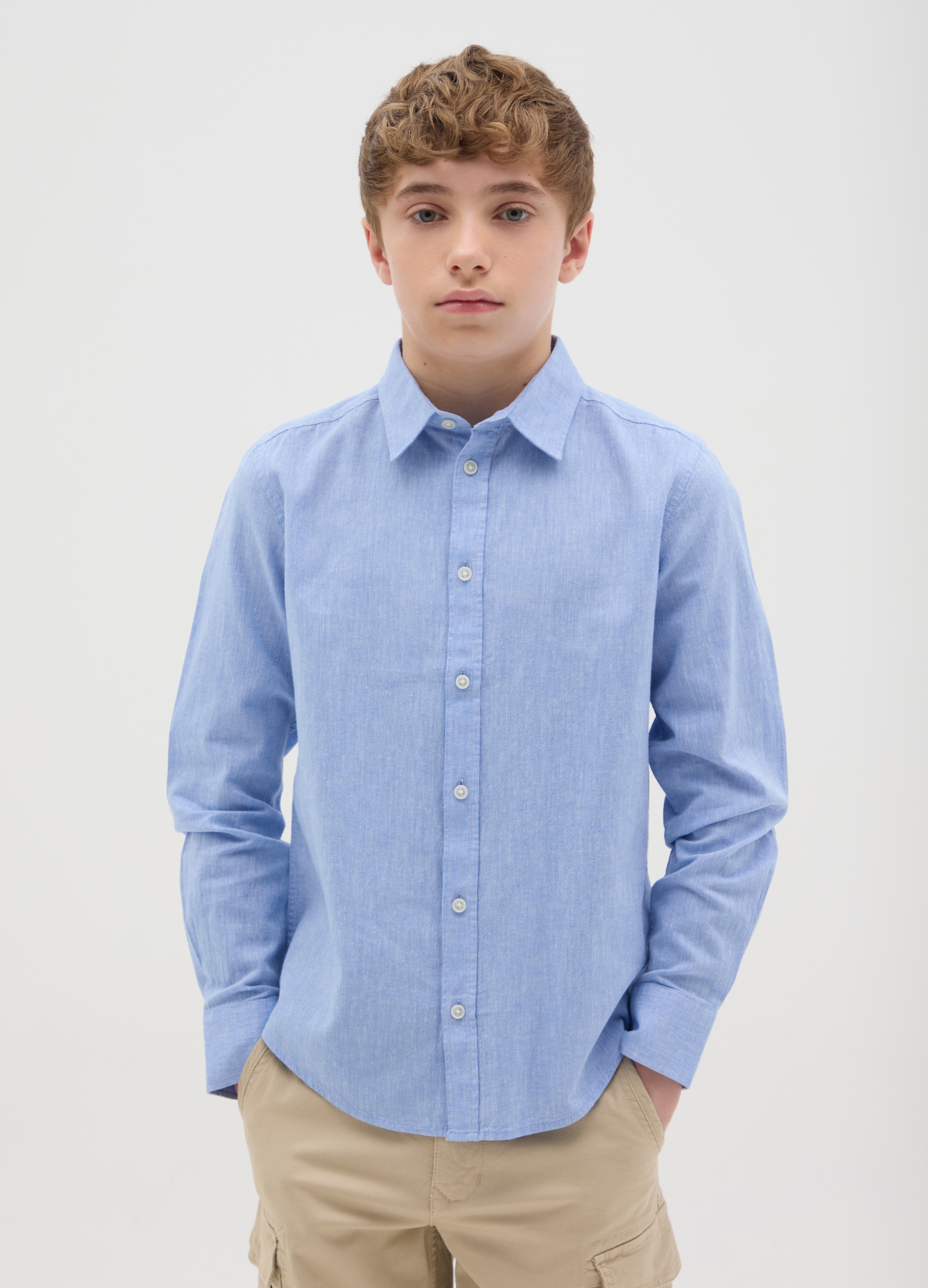 OVS, Camicia Da Ragazzo In Misto Cotone E Lino Azzurra Regular Fit, Bambino, Azzurro, Taglia: 11-12