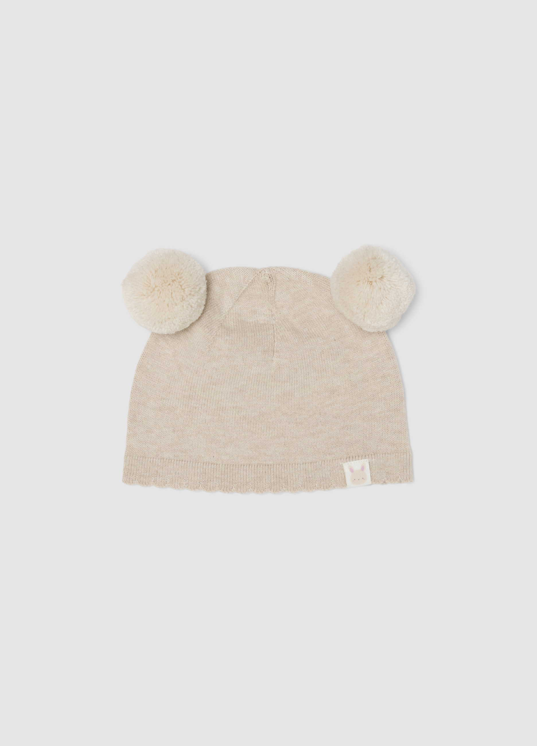 FAGOTTINO, Cappello Beige In Maglia Di Puro Cotone Organico Con Pon Pon Per Neonata, Beige, Taglia: ONE SIZE