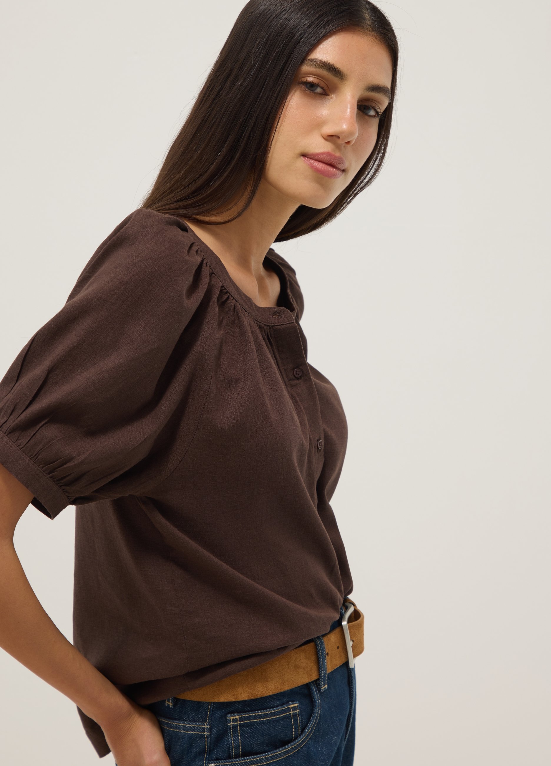 Camisa Marrón De Mezcla De Lino Regular Fit Con Cuello Mao, Mujer, Marrón chocolate, Talla: 34