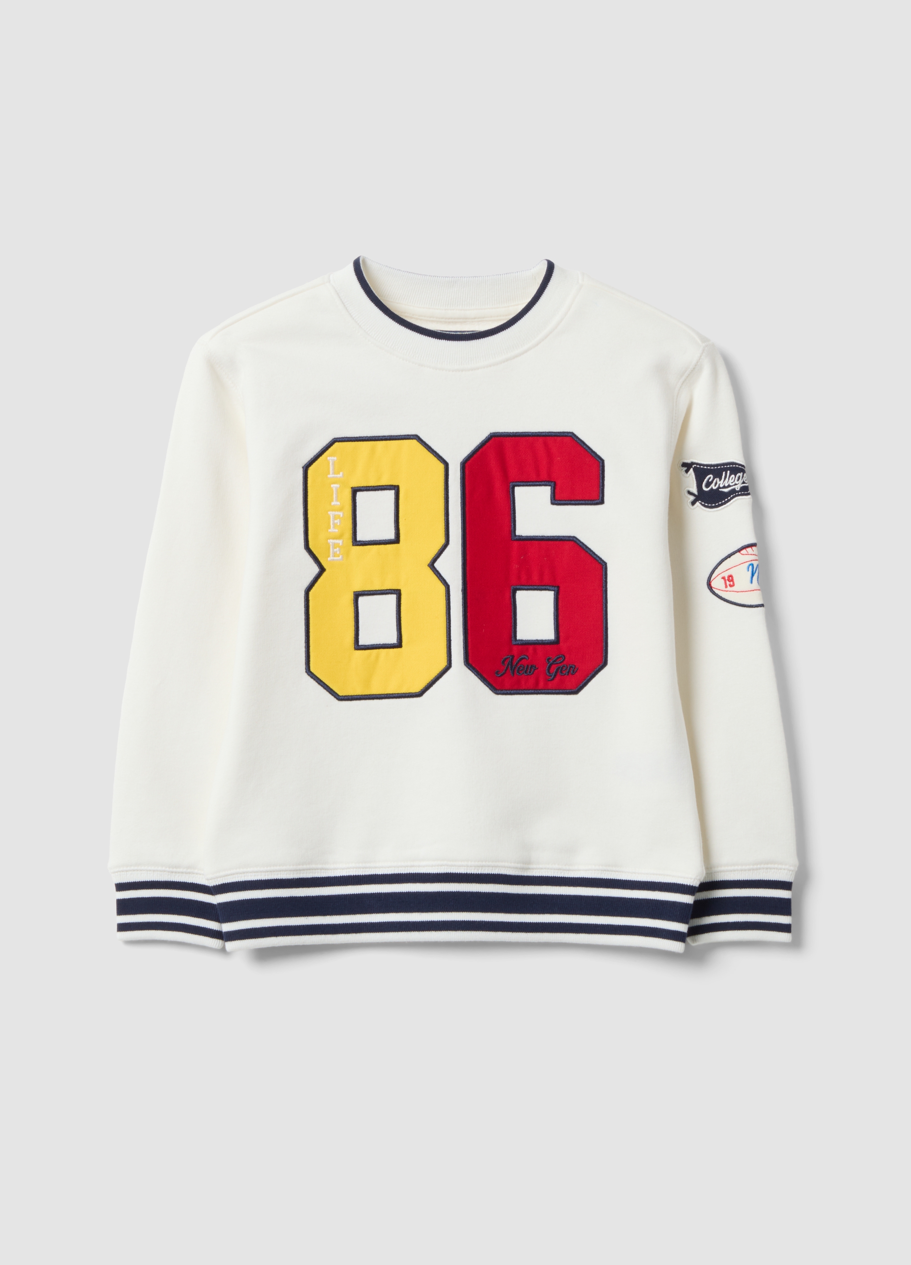 OVS KIDS, Felpa Bianca In Misto Cotone Con Stampa College Per Bambino, Bianco, Taglia: 4-5