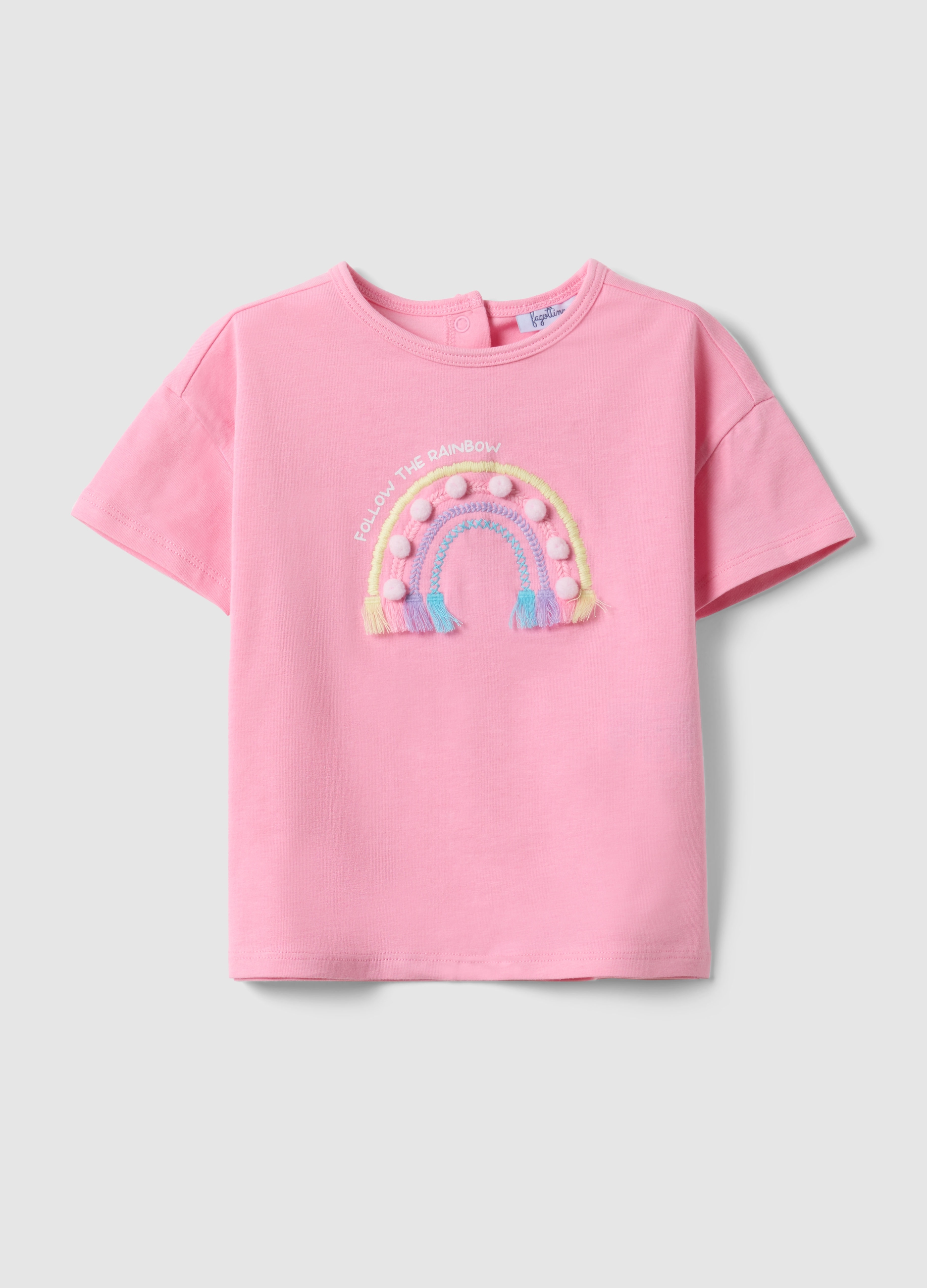 FAGOTTINO, T-shirt In Cotone Elasticizzato Rosa Da Bimba Con Ricamo Arcobaleno, Niña, Rosa Claro, Talla: 9-12