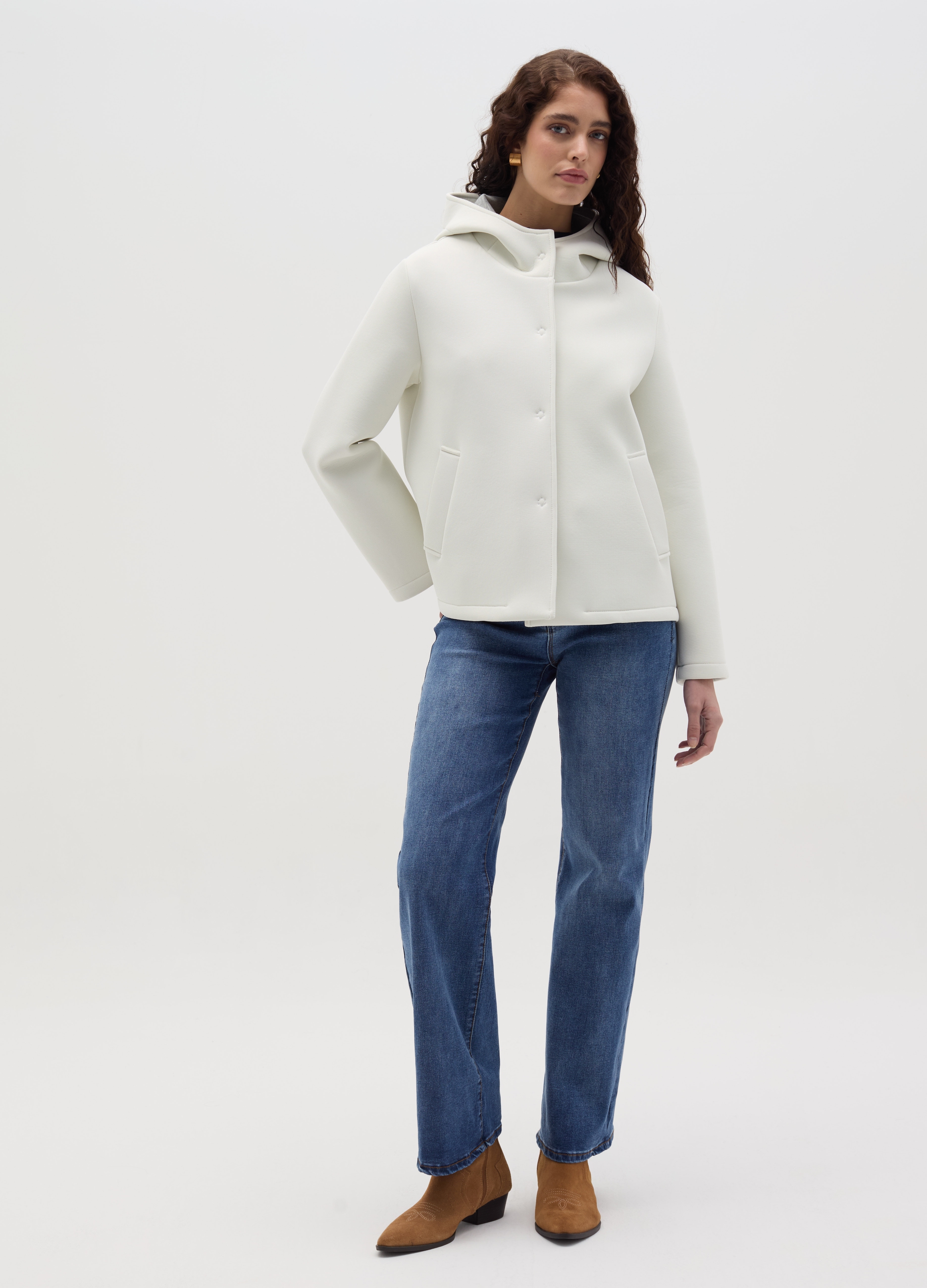 HYBRID, Giacca Corta Con Cappuccio, Donna, Bianco, Taglia: S/M