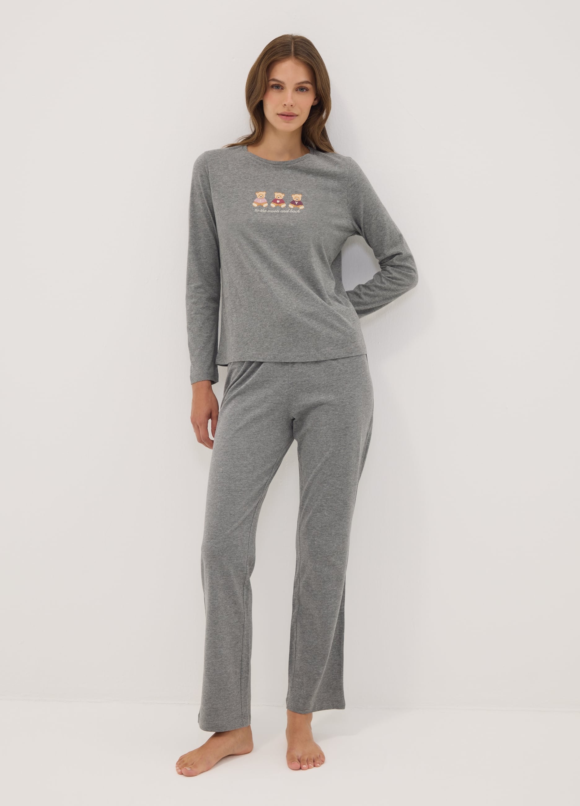 OVS, Pigiama Grigio In Misto Cotone Organico E Viscosa Con Stampa Orsetti, Donna, Grigio, Taglia: M