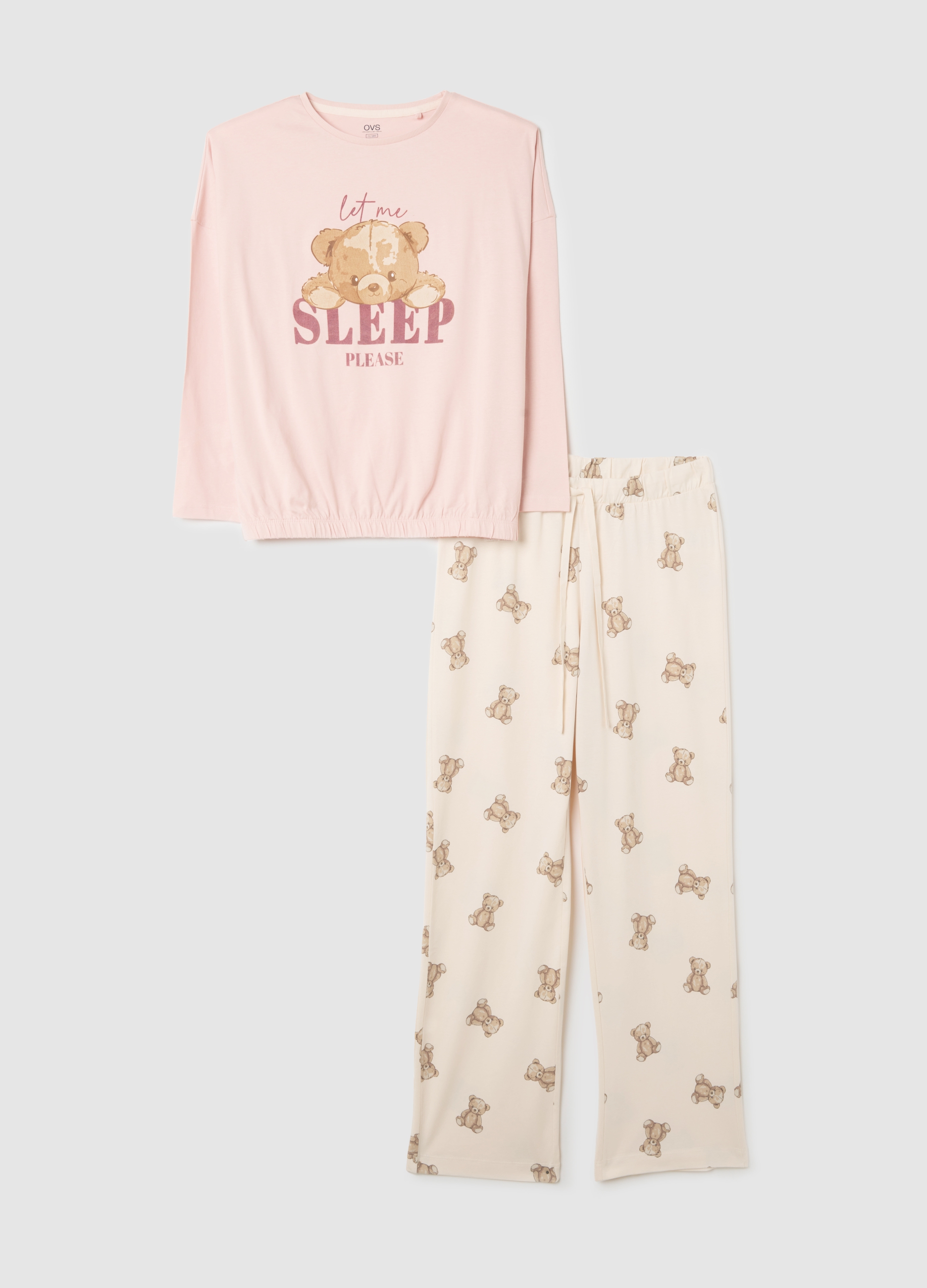 Pijama Multicolor De Puro Algodón Con Estampado, Mujer, Beige/Rosa, Talla: L