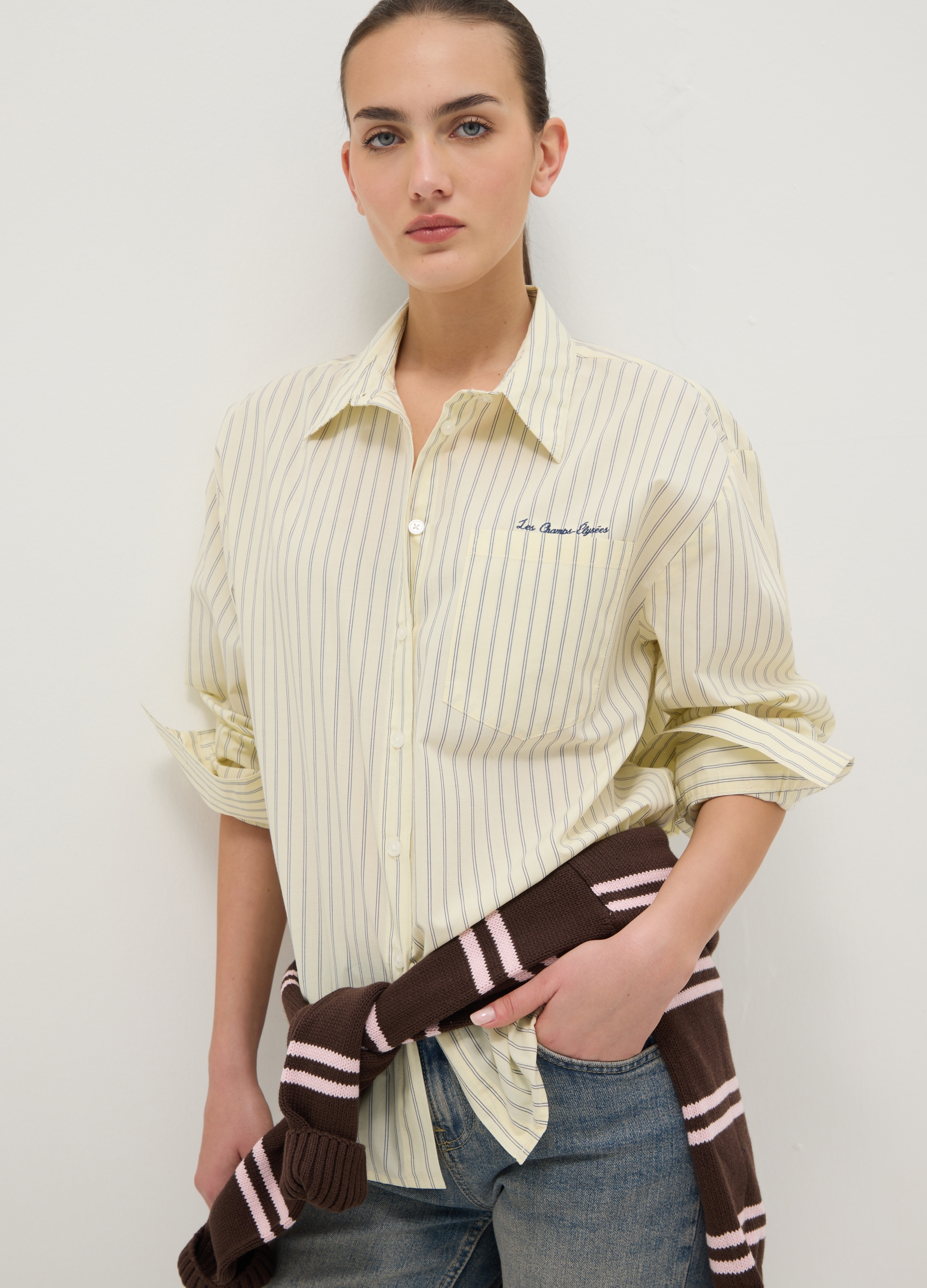 B.ANGEL, Camisa A Rayas Amarillas De Algodón Puro Corte Regular, Mujer, Amarillo Claro, Talla: 36