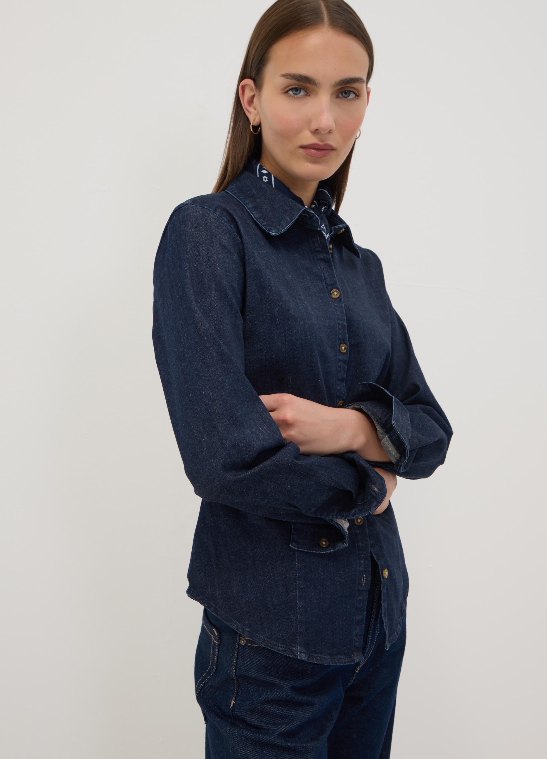 REPUBLIC OF DENIM, Camicia Blu Scura In Denim Di Cotone Elasticizzato Slim Fit, Donna, Blu, Taglia: S