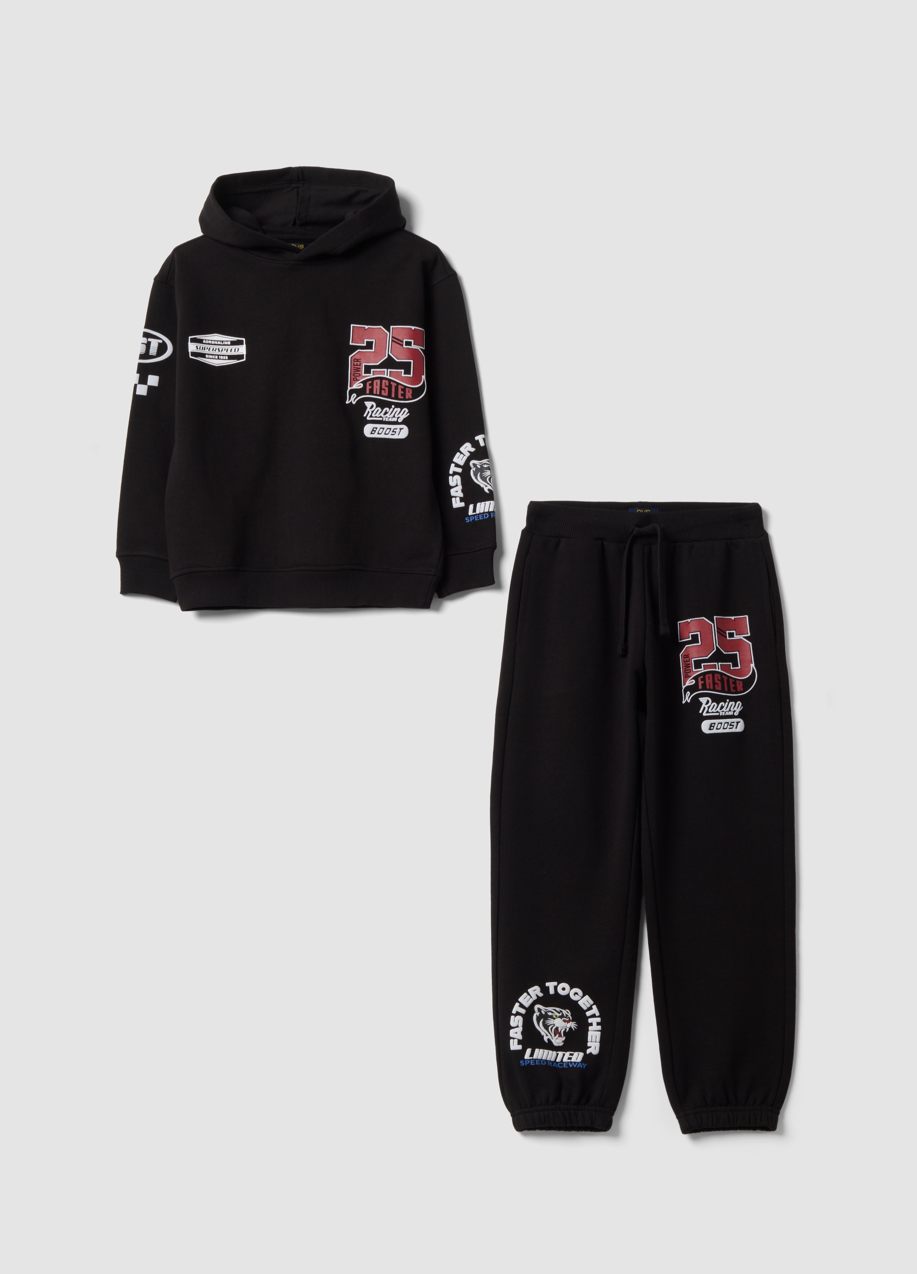OVS KIDS, Tuta Nera In Misto Cotone Con Cappuccio E Stampe Sportive Per Bambino, Nero, Taglia: 4-5