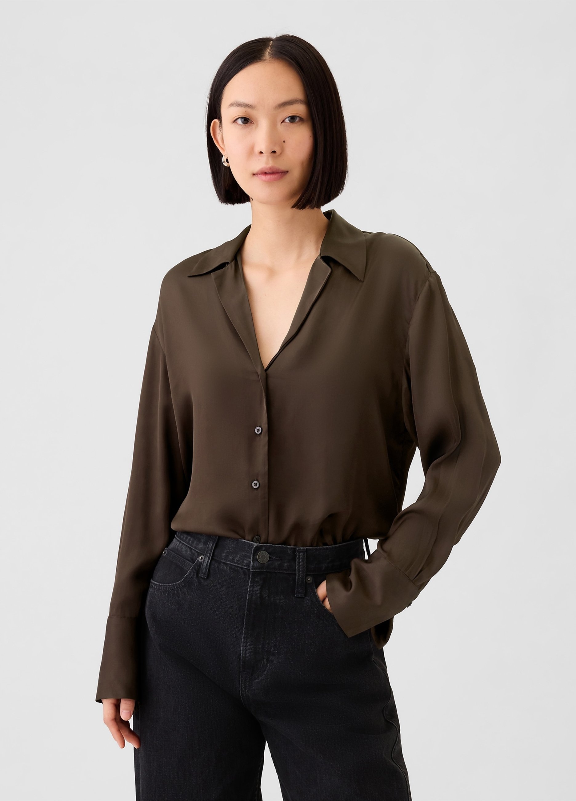 GAP, Camicia In Viscosa Satin, Donna, Marrone, Taglia: XXS