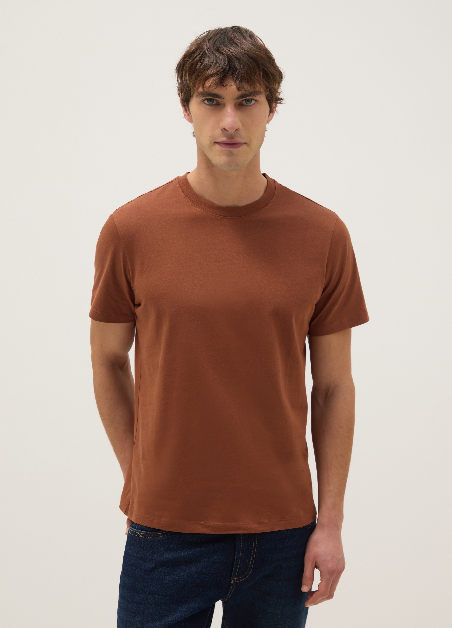 Camiseta Marrón De Algodón Puro Corte Regular Fit, Hombre, Marrón tabaco, Talla: XXL