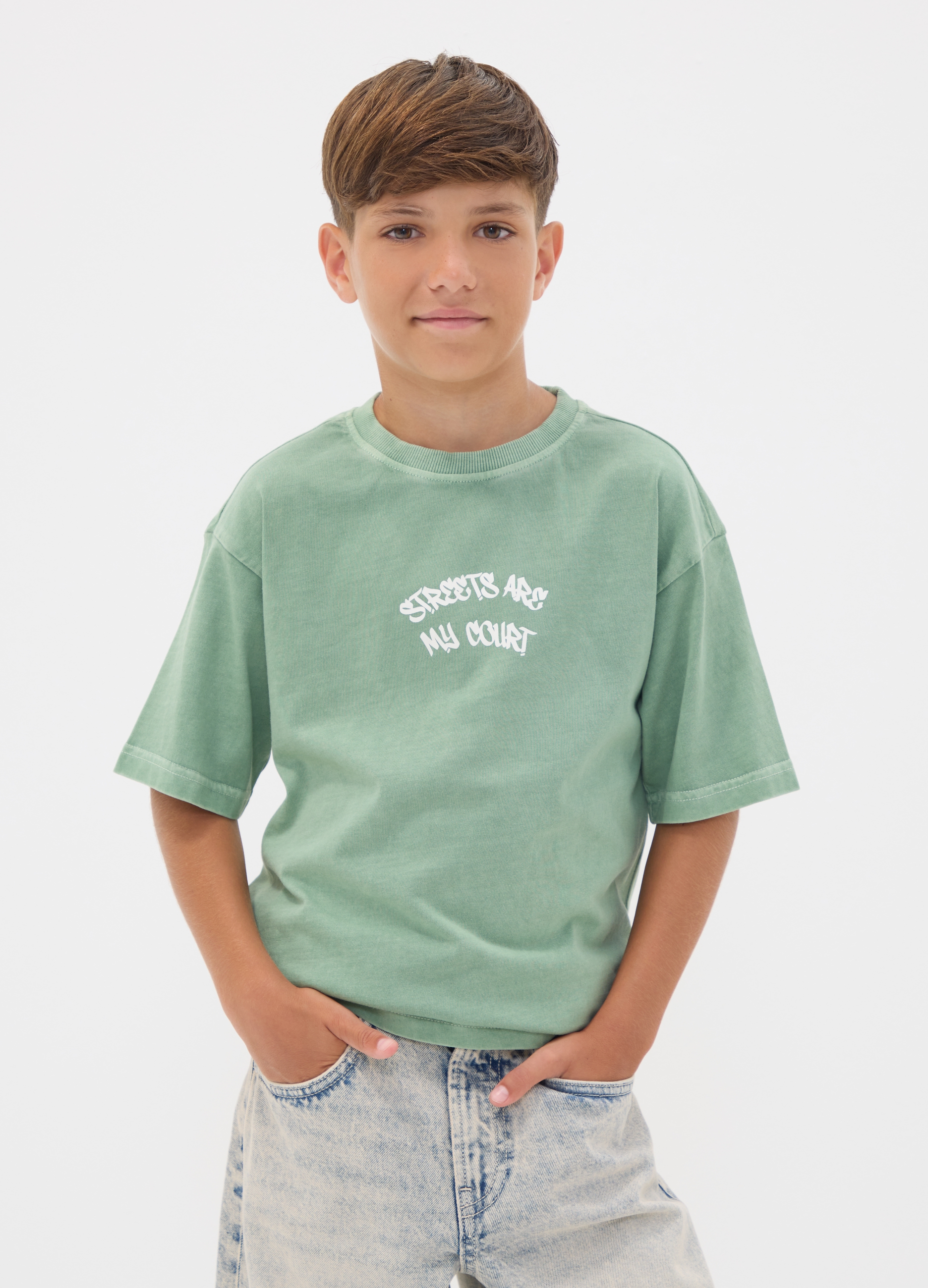 OVS KIDS, T-shirt Over Verde In Puro Cotone Con Scritta "streets Are My Court" Per Ragazzo, Bambino, Verde, Taglia: 12-13