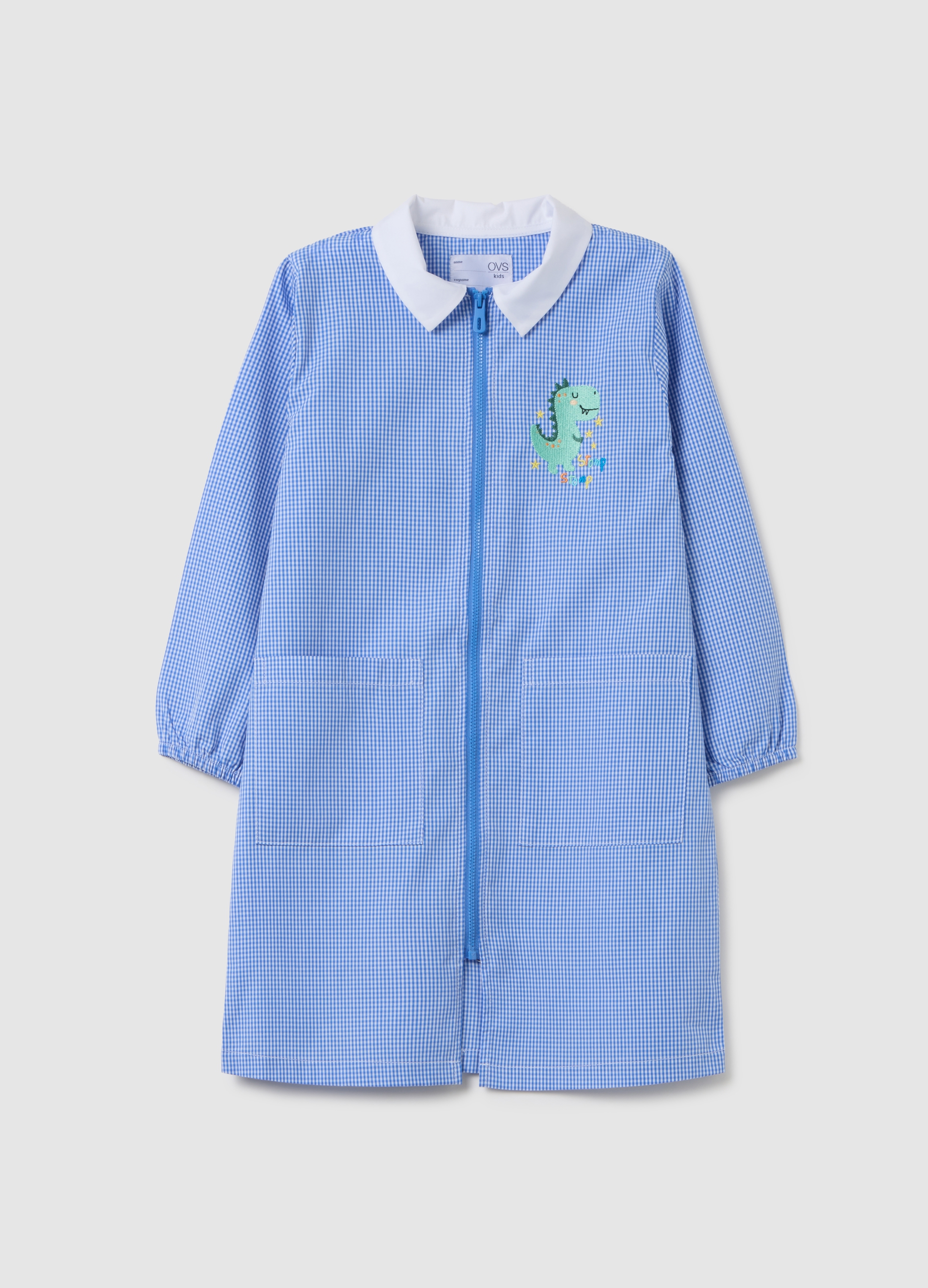 OVS, Grembiule Scolastico Da Bambino Con Fantasia Vichy E Ricamo Dinosauro, Multicolor, Taglia: 5-6