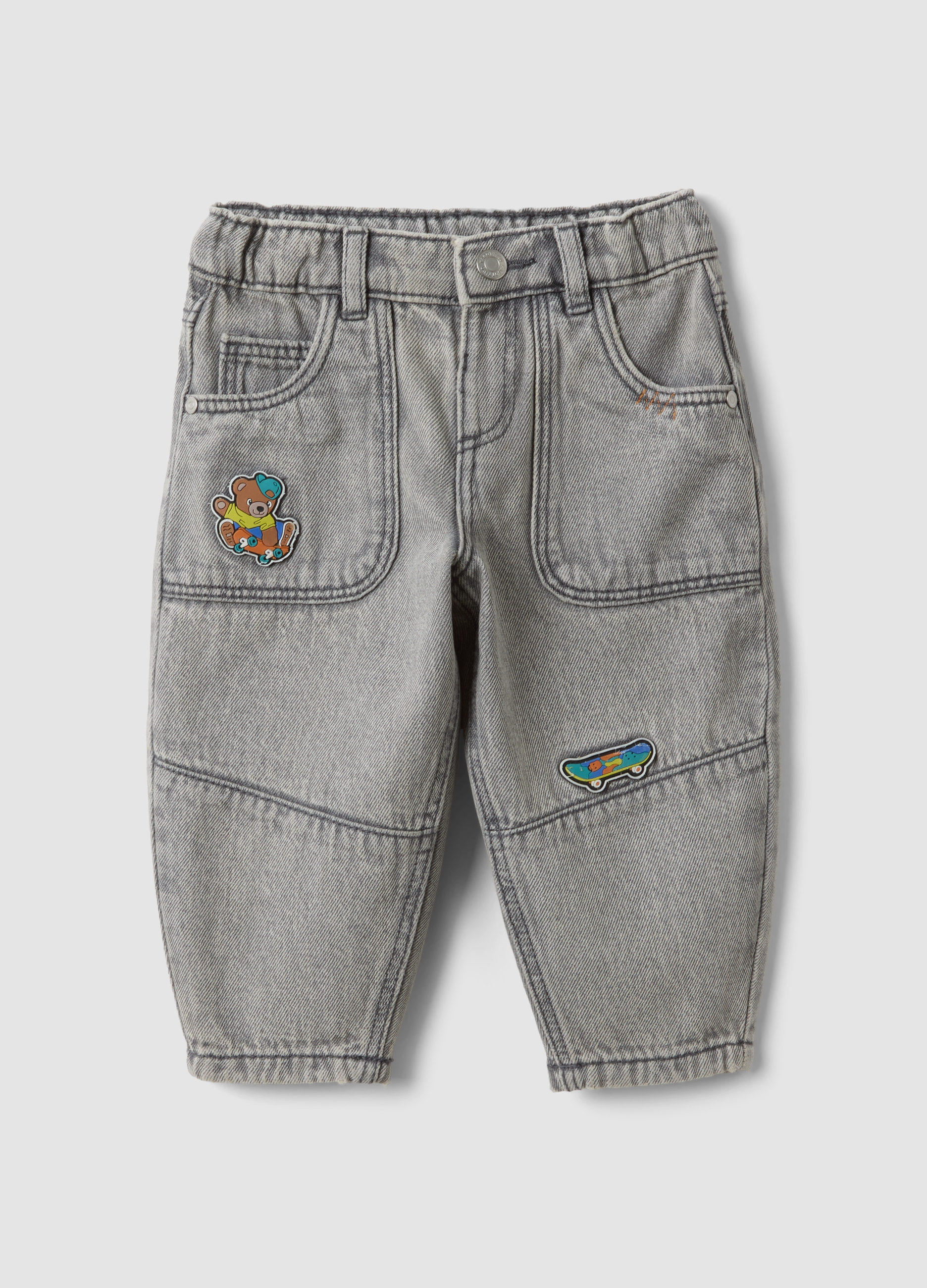 FAGOTTINO, Jeans Grigi Baggy Fit In Puro Cotone Con Stampe Per Bimbo, Bambino, Grigio, Taglia: 18-24