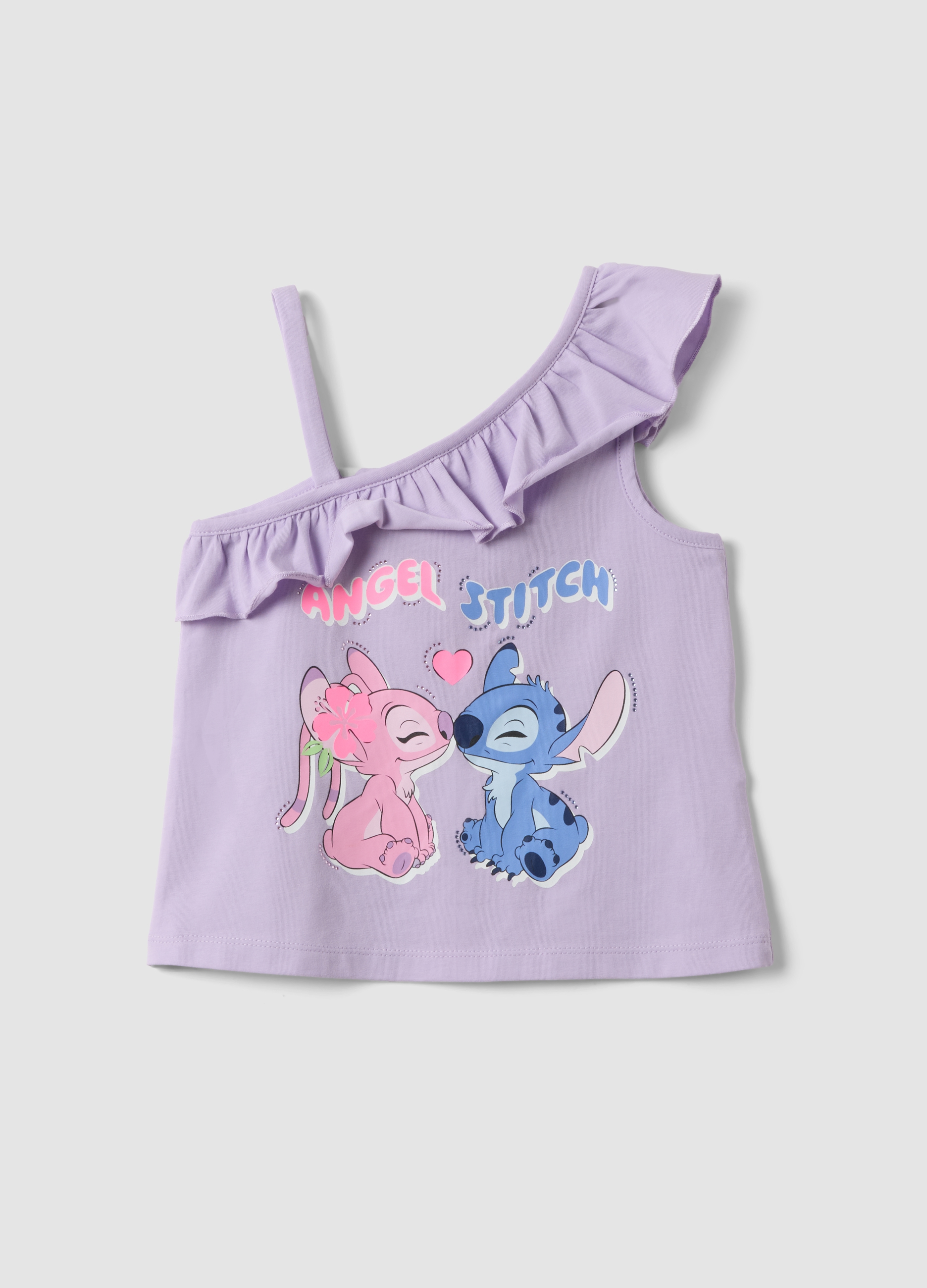 DISNEY, Tank Top In Cotone Elasticizzato Viola Con Volant Per Bambine Con Stampa Stitch, Bambina, Viola, Taglia: 7-8