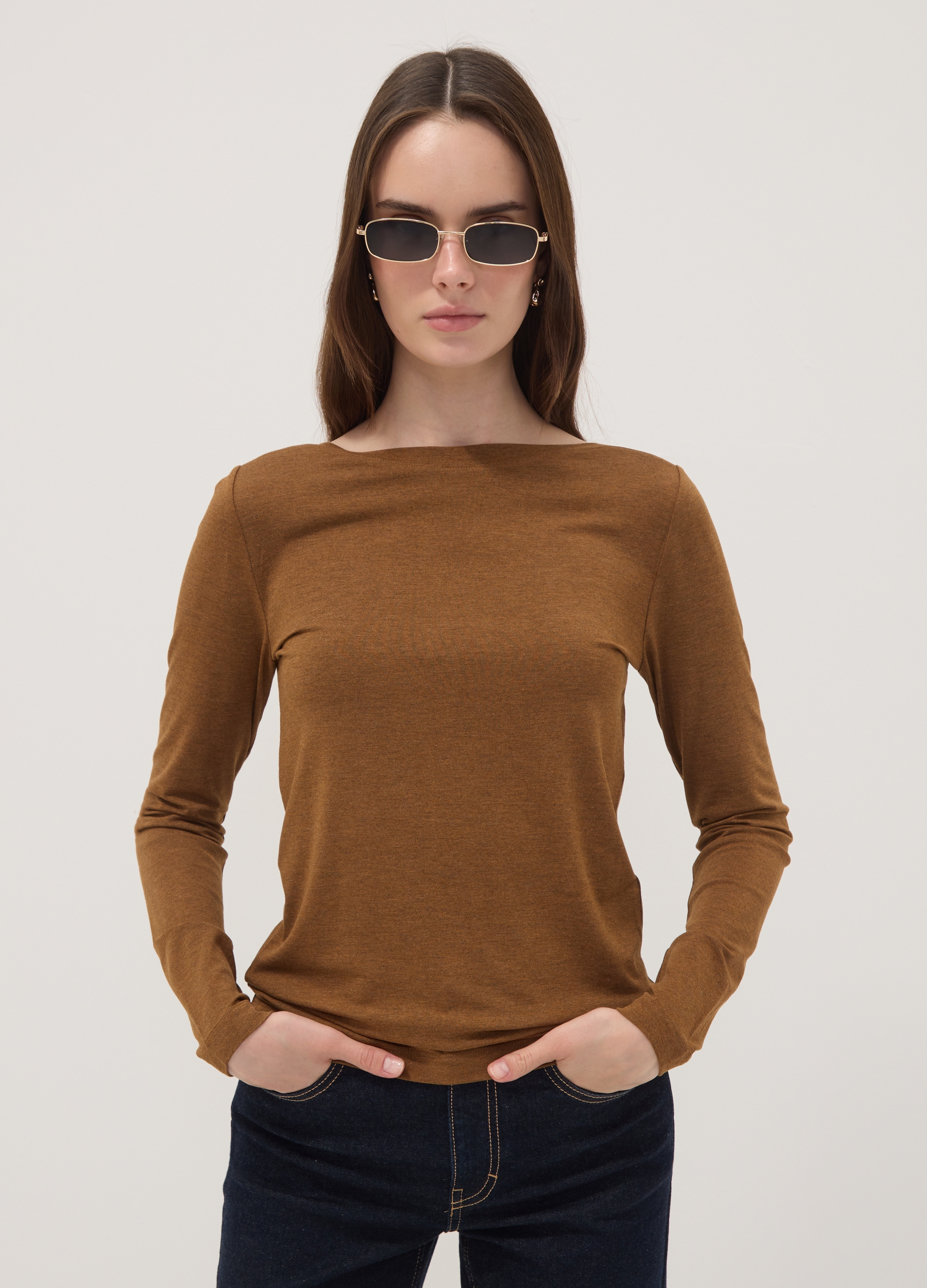 OVS, T-shirt Marrone In Viscosa Elasticizzata Slim Fit, Donna, Marrone, Taglia: XS