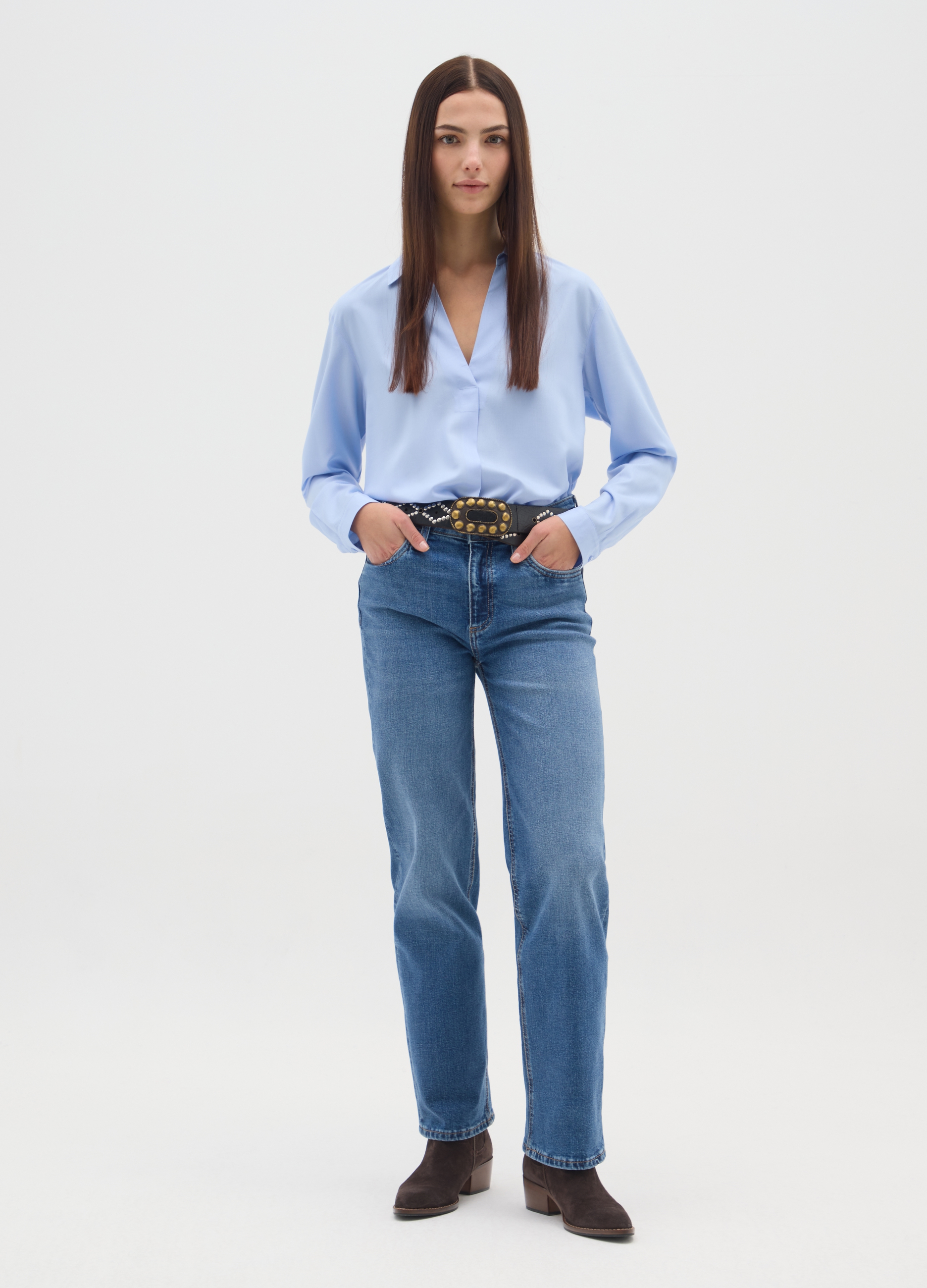 Camisa Azul Claro De Manga Larga Corte Clásico, Mujer, Azul Azur, Talla: 34