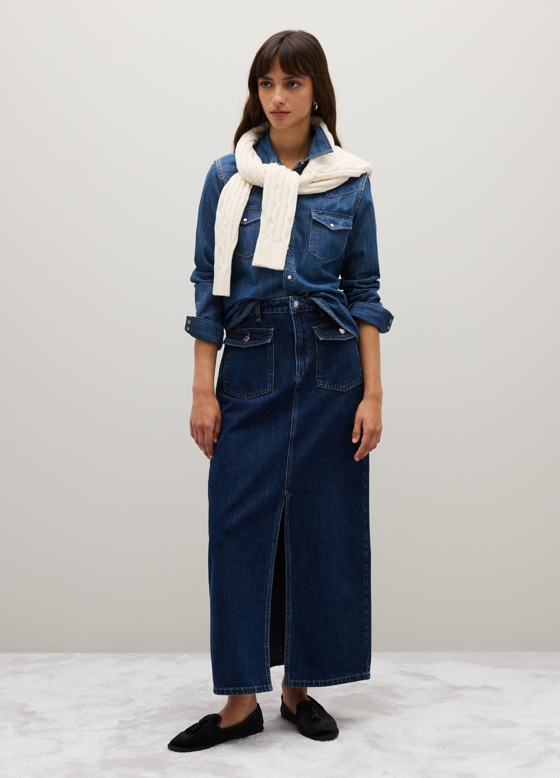 OVS, Falda Larga De Algodón Puro Azul Corte Regular, Mujer, Azul oscuro, Talla: XS