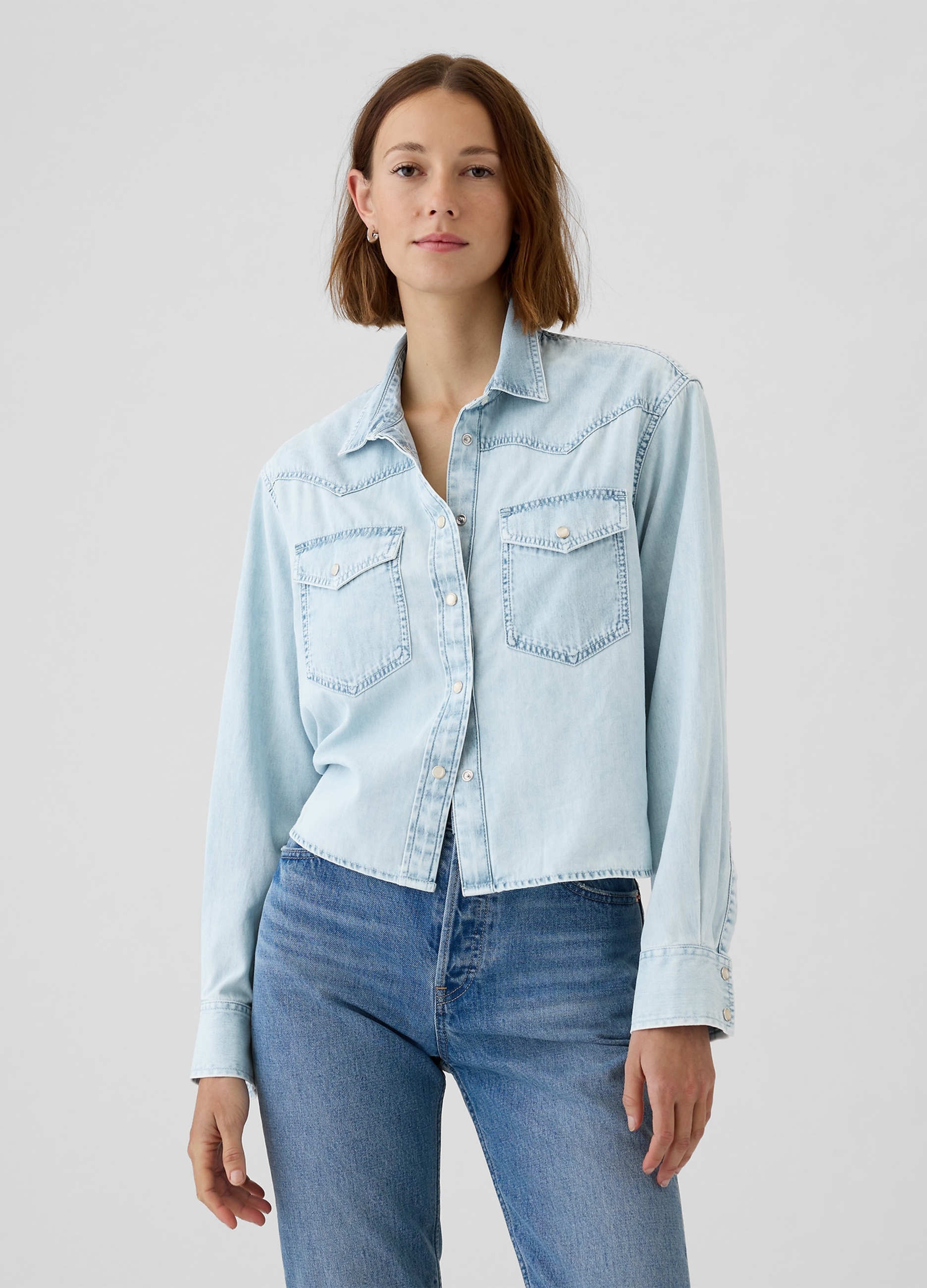 GAP, Camicia Cropped Western In Denim, Donna, Denim, Taglia: XS