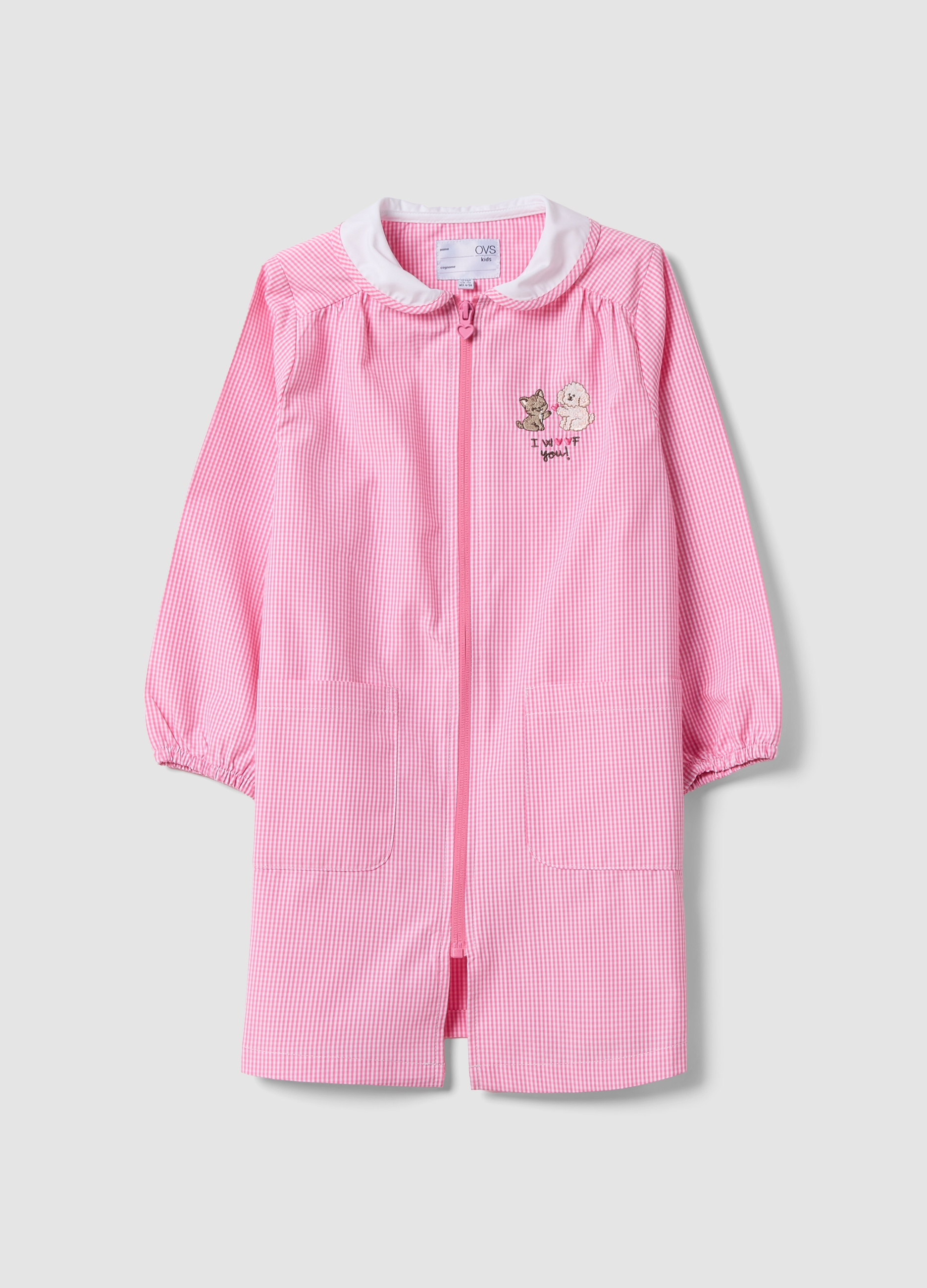 OVS KIDS, Grembiule Personalizzabile Rosa A Quadretti Con Ricamo Animaletti Per Asilo, Bambina, Rosa, Taglia: 3-4