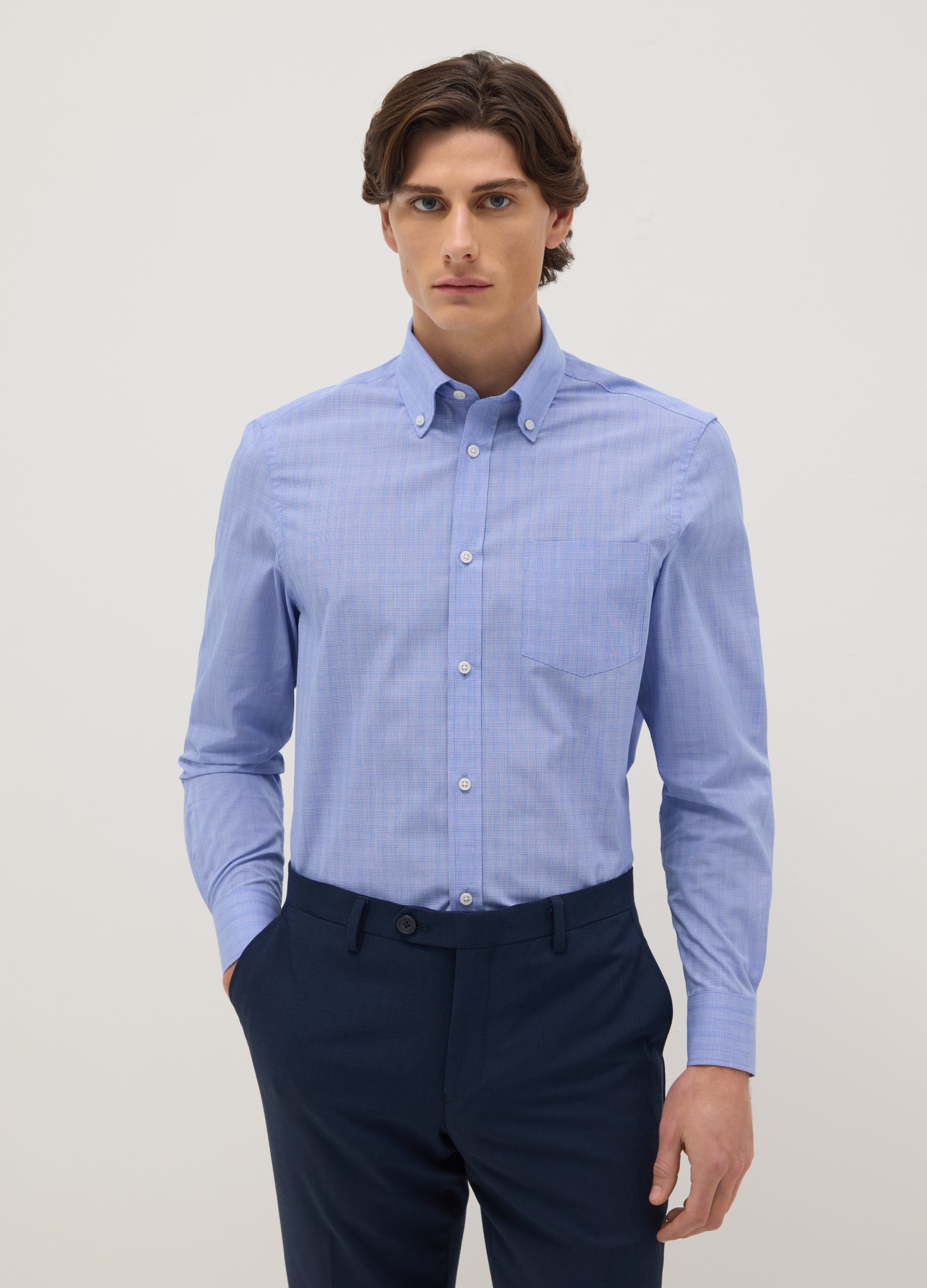 Camisa Azul De Cuadros Regular Fit Mezcla De Algodón Fácil De Planchar, Hombre, Azul Azur, Talla: 39
