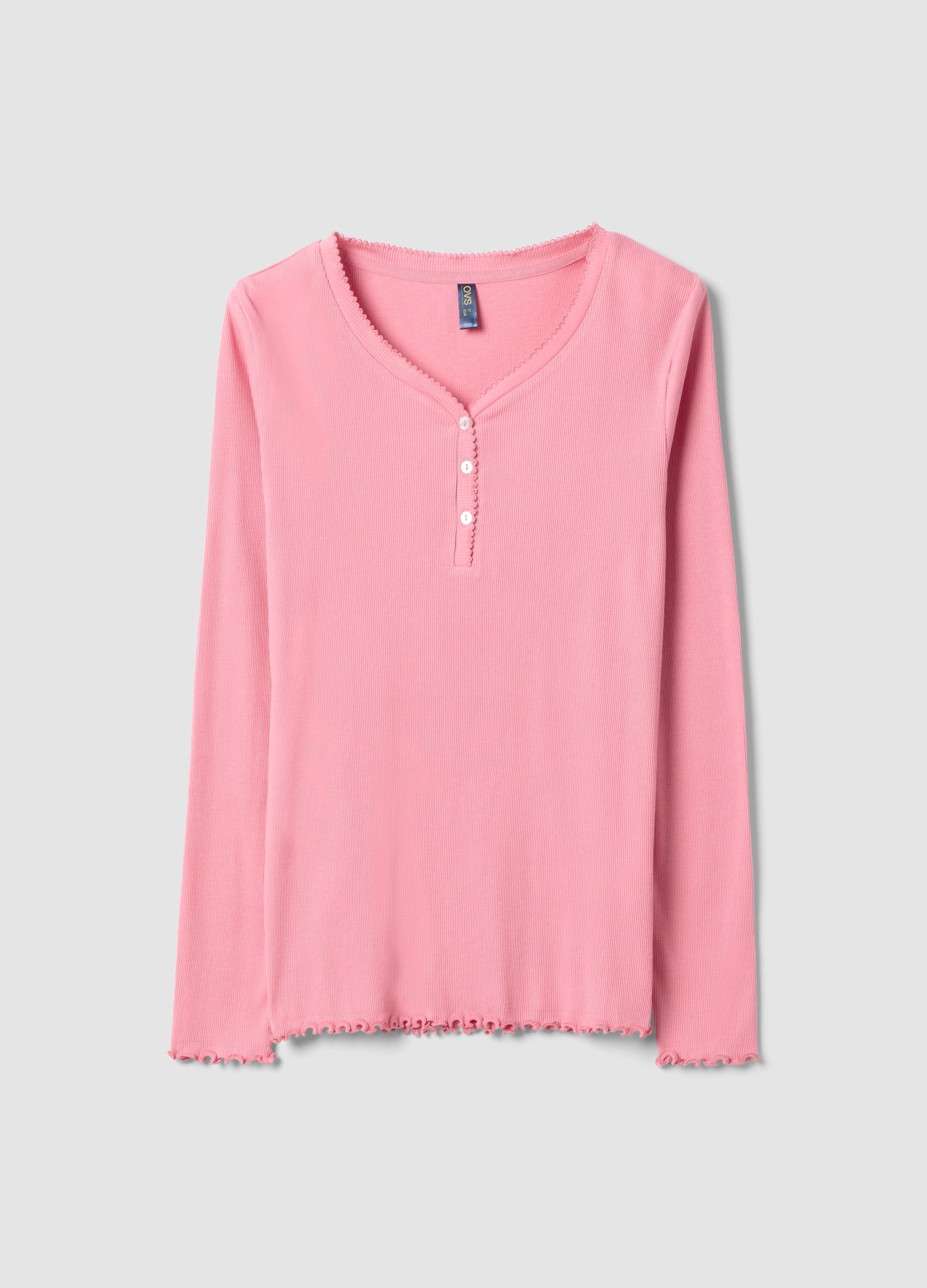 Camiseta De Pijama Rosa De Algodón Puro Con Cuello Serafino, Ajuste Regular, Mujer, Rosa Claro, Talla: XL