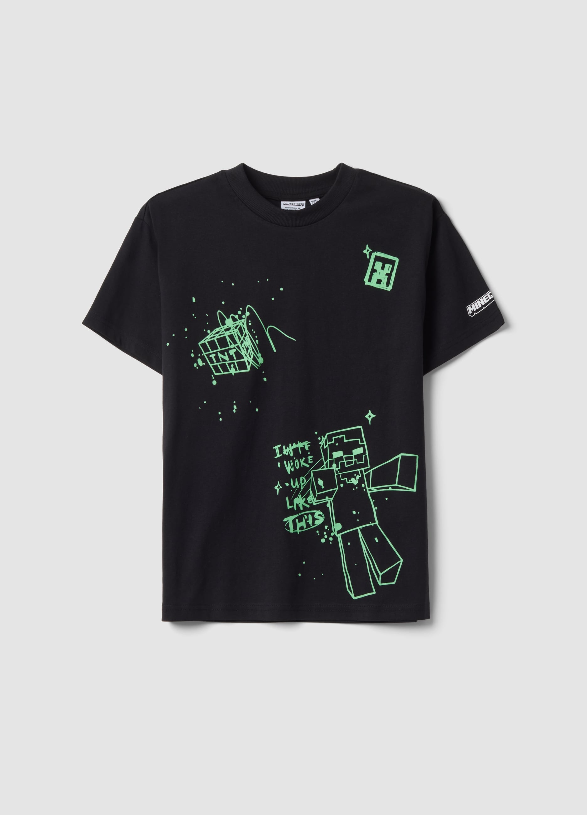 OVS KIDS, T-shirt Nera In Puro Cotone Con Girocollo Stampa Minecraft, Bambino, Nero, Taglia: 10-11