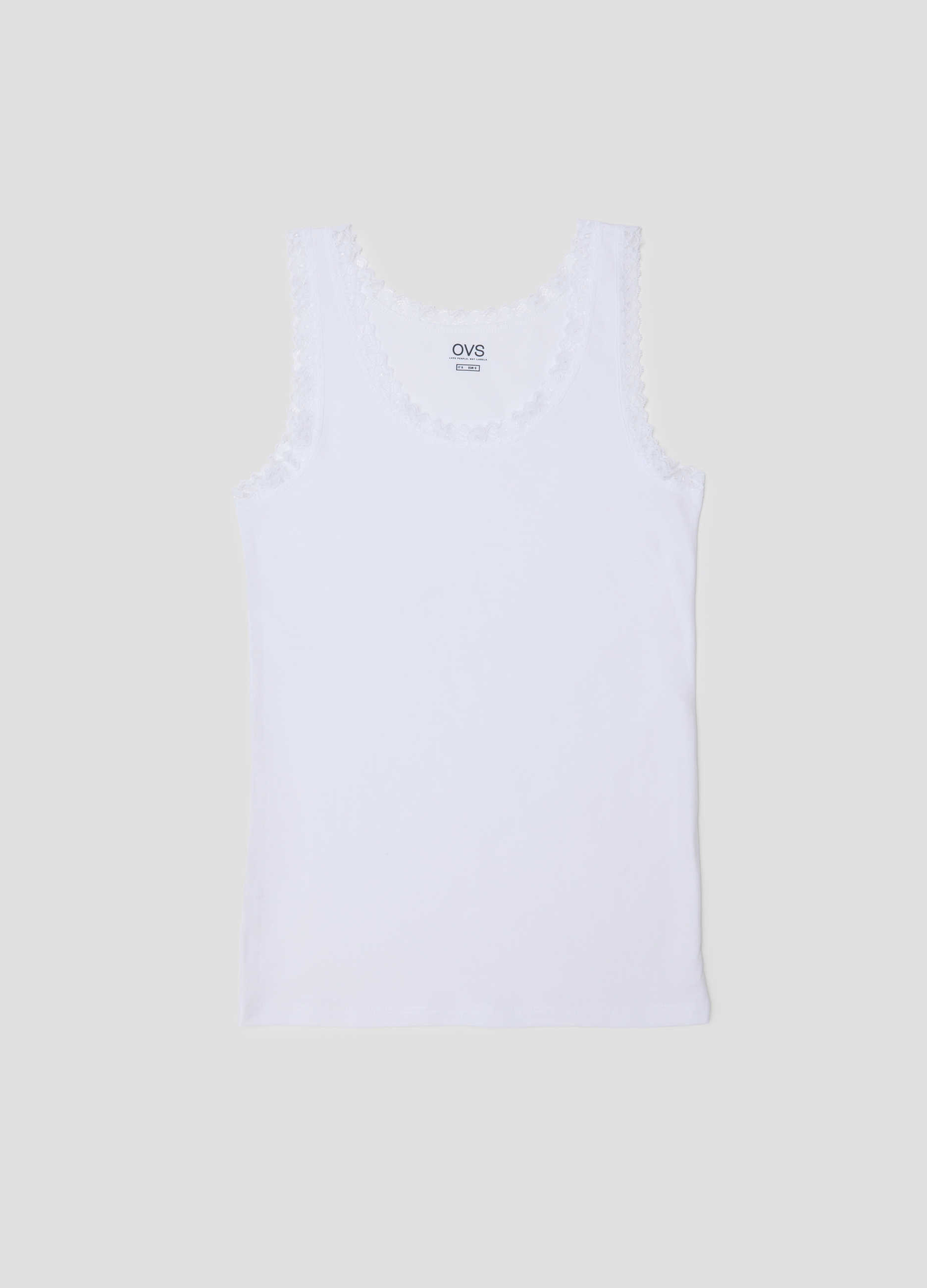 Camiseta Sin Mangas Blanca De Algodón Elástico Ajuste Regular Con Borde De Encaje, Mujer, Blanco óptico, Talla: XL