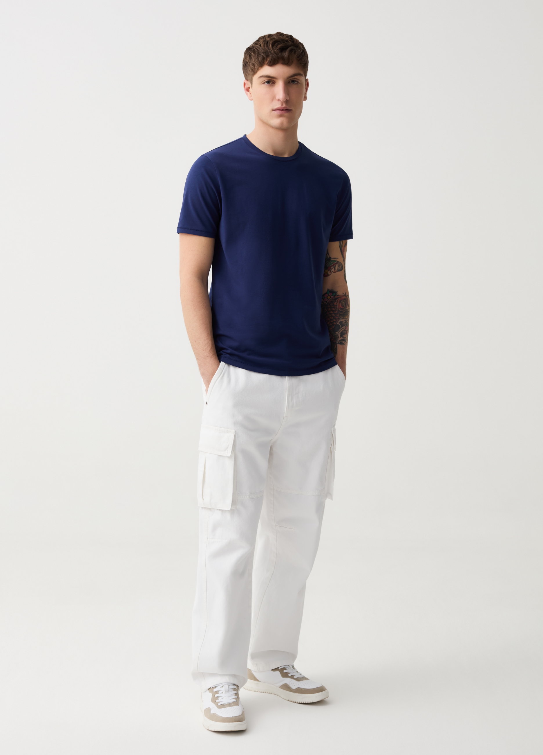 OVS , T-shirt Slim Fit In Cotone Bio Stretch, Uomo, Blu, Taglia: S
