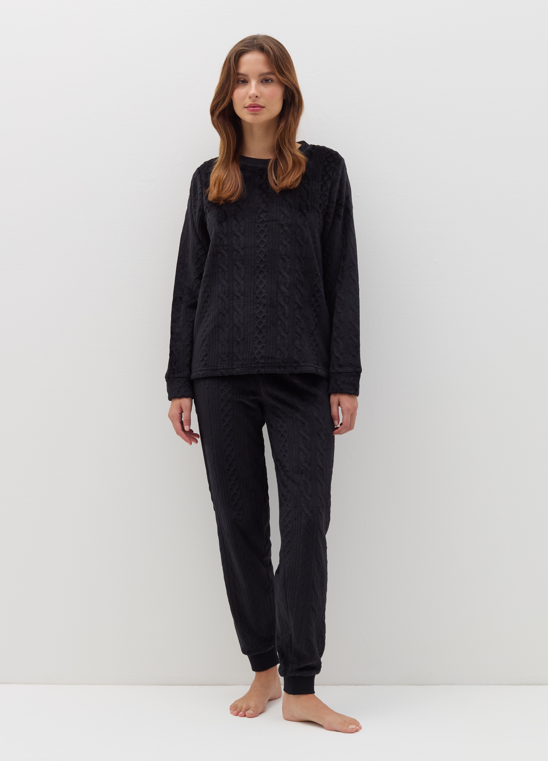 OVS, Pigiama Lungo In Velour Con Motivo Intrecciato, Donna, Nero, Taglia: S