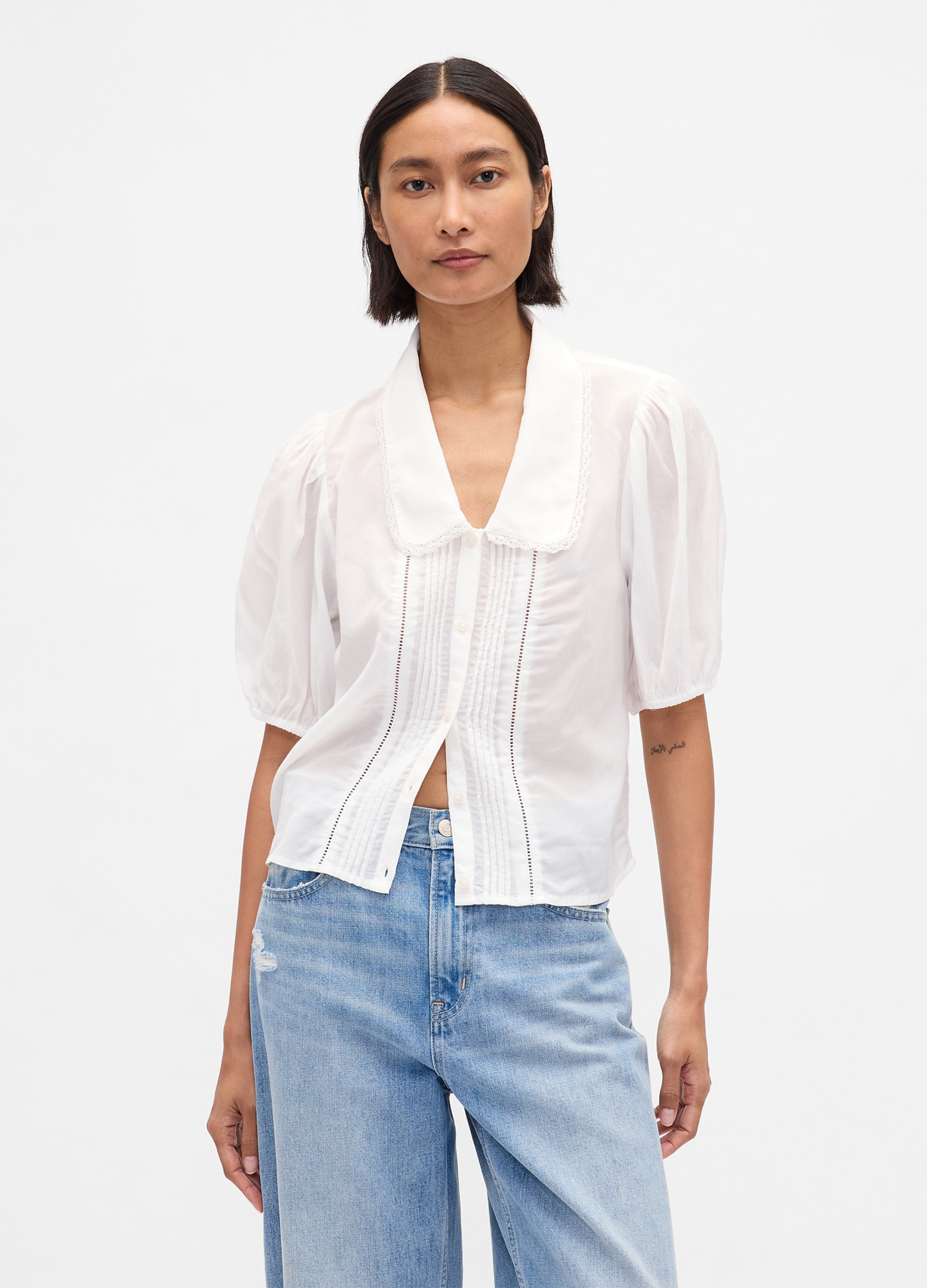 GAP, Camicetta Con Maniche Corte A Palloncino, Donna, Bianco, Taglia: L