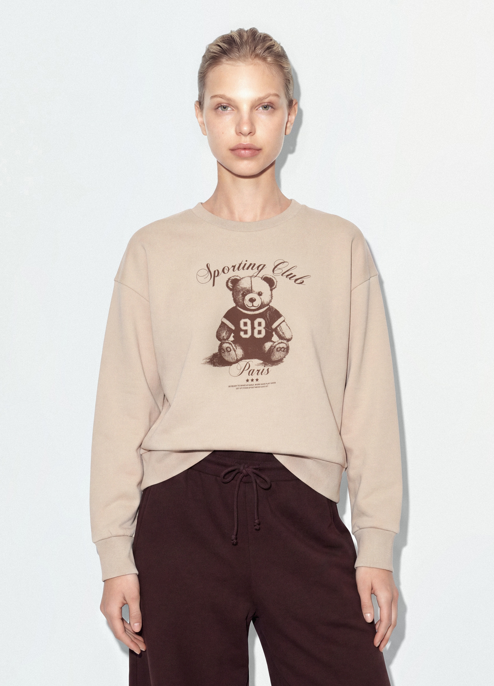 B.ANGEL, Felpa Beige In Misto Cotone Con Girocollo E Stampa Teddy, Donna, Beige, Taglia: L