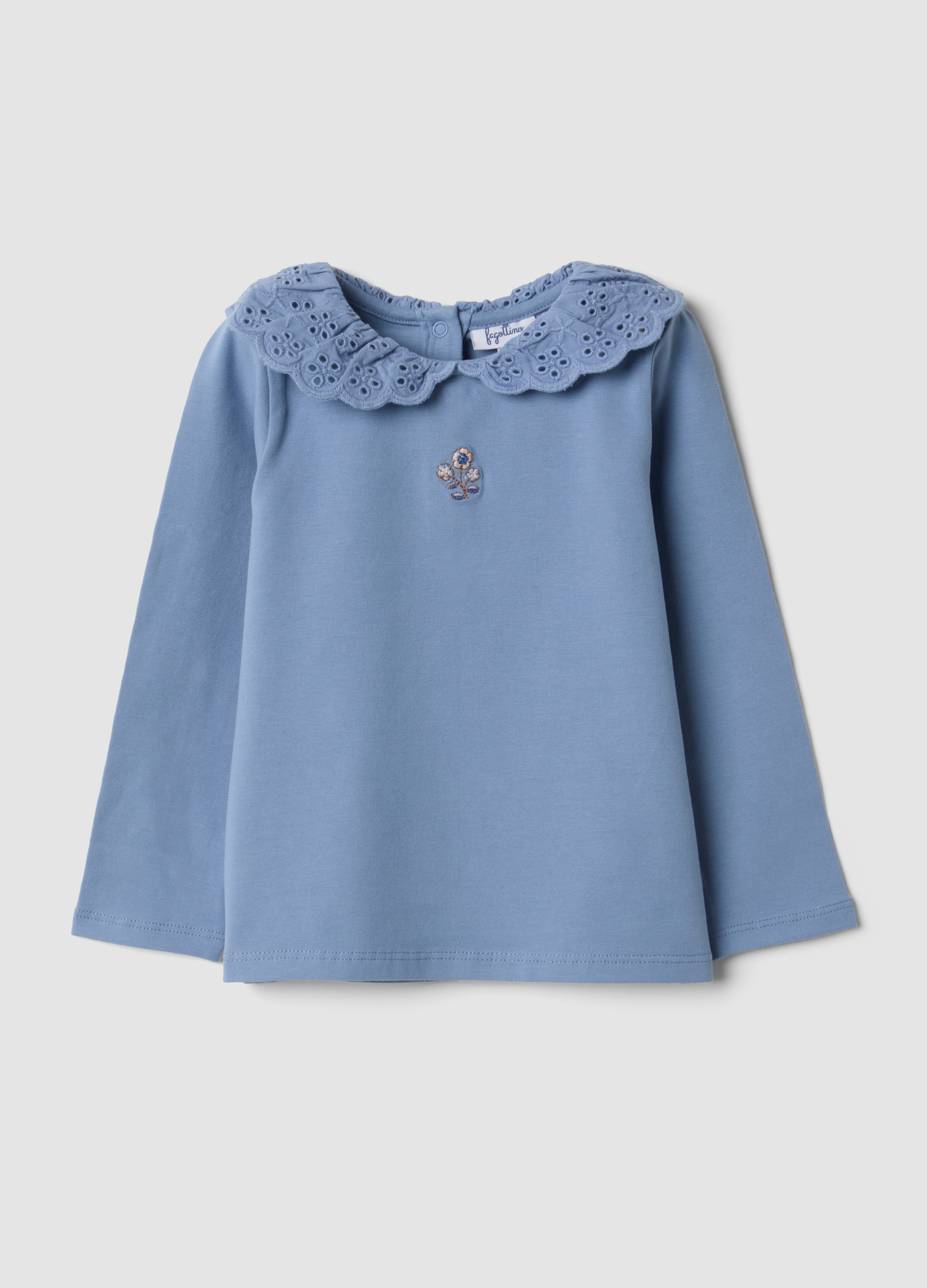 FAGOTTINO, Maglia Blu In Cotone Organico Elasticizzato Con Colletto Sangallo, Bambina, Blu, Taglia: 24-30