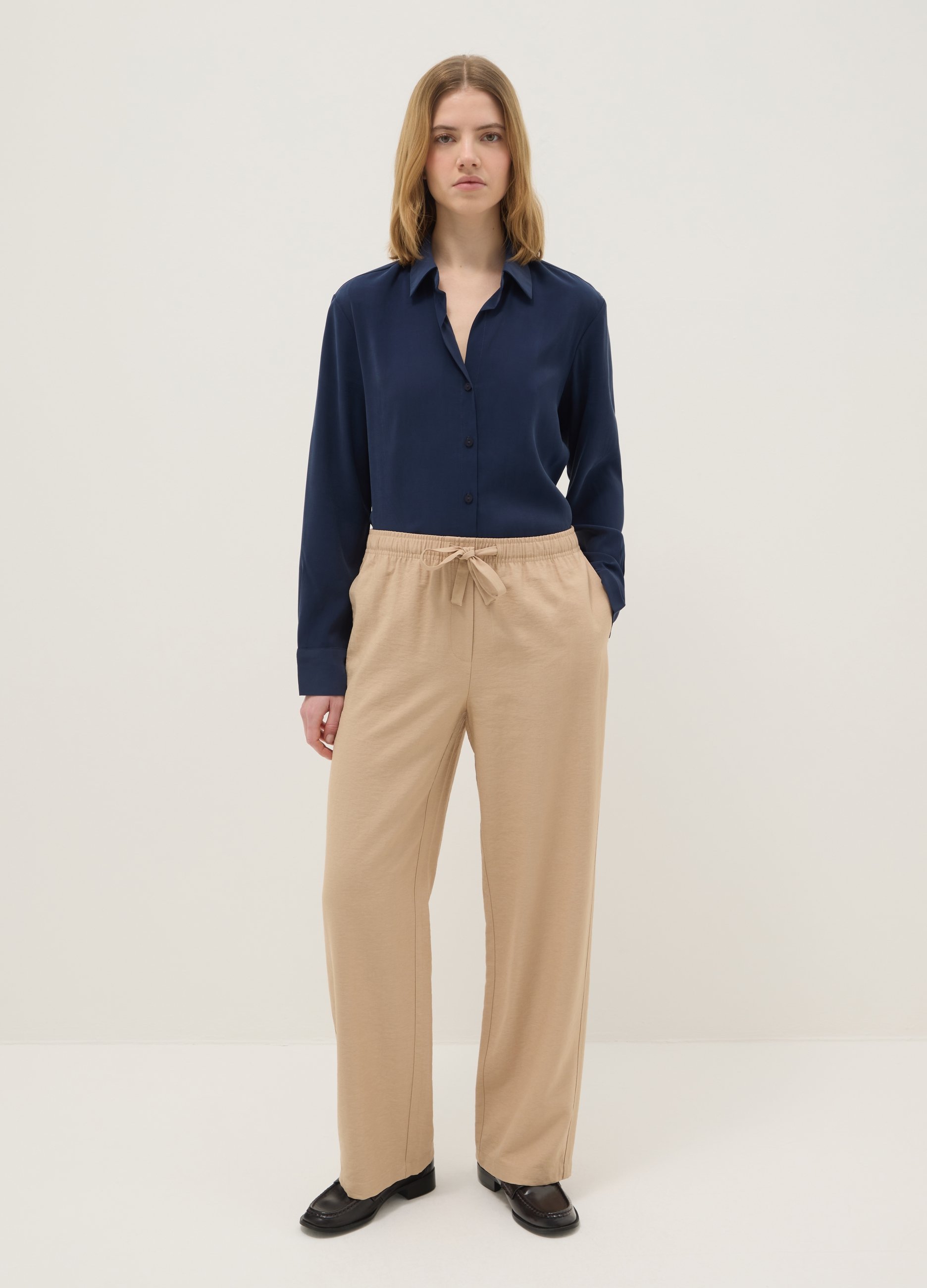 Pantalones Beige De Mezcla De Viscosa Corte Regular, Mujer, Beige Jaspeado, Talla: 34